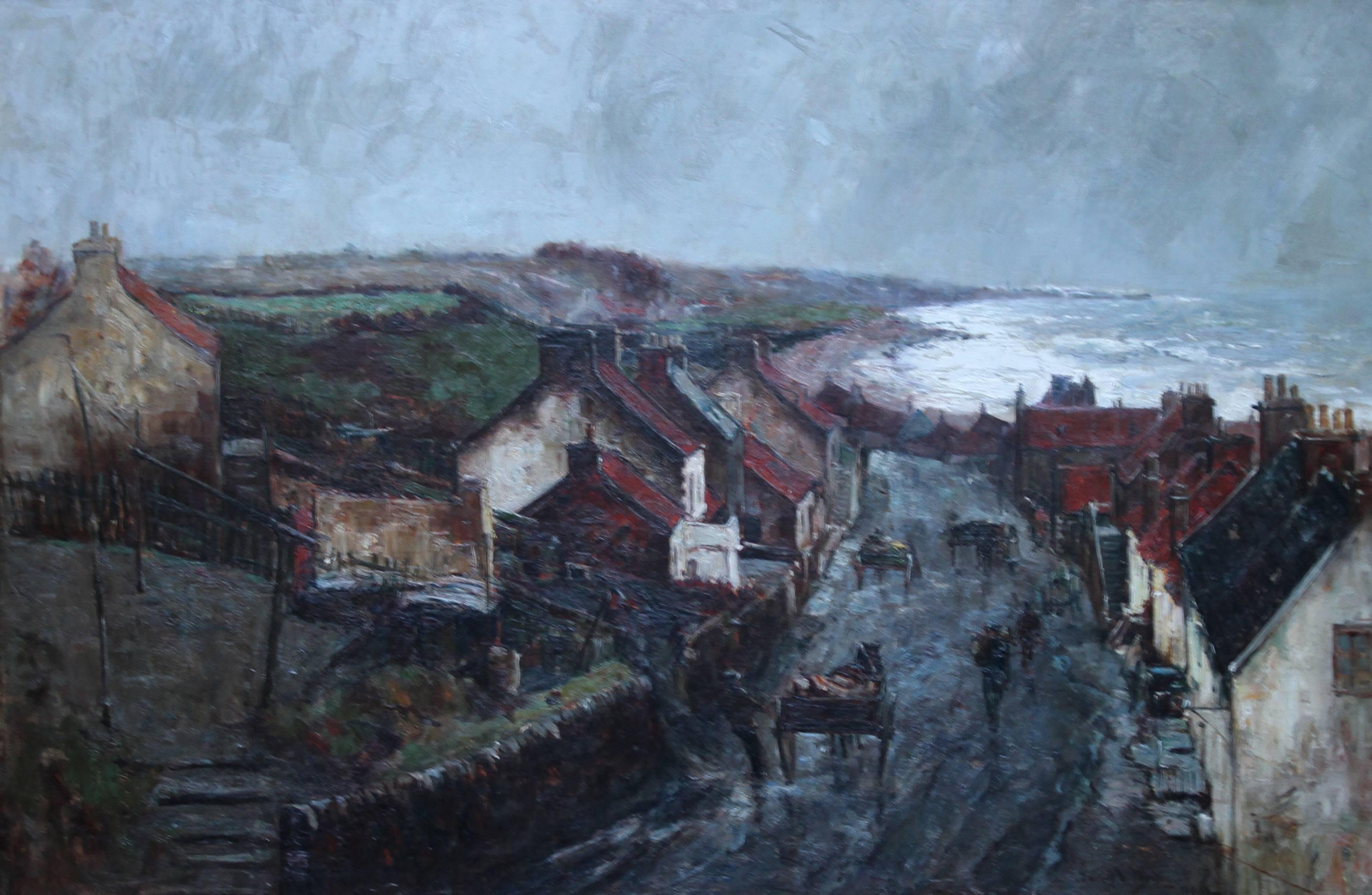 Harbour Storm - Scottish Impressionist Victorian art  village sea oil painting - Painting by Joseph Milne