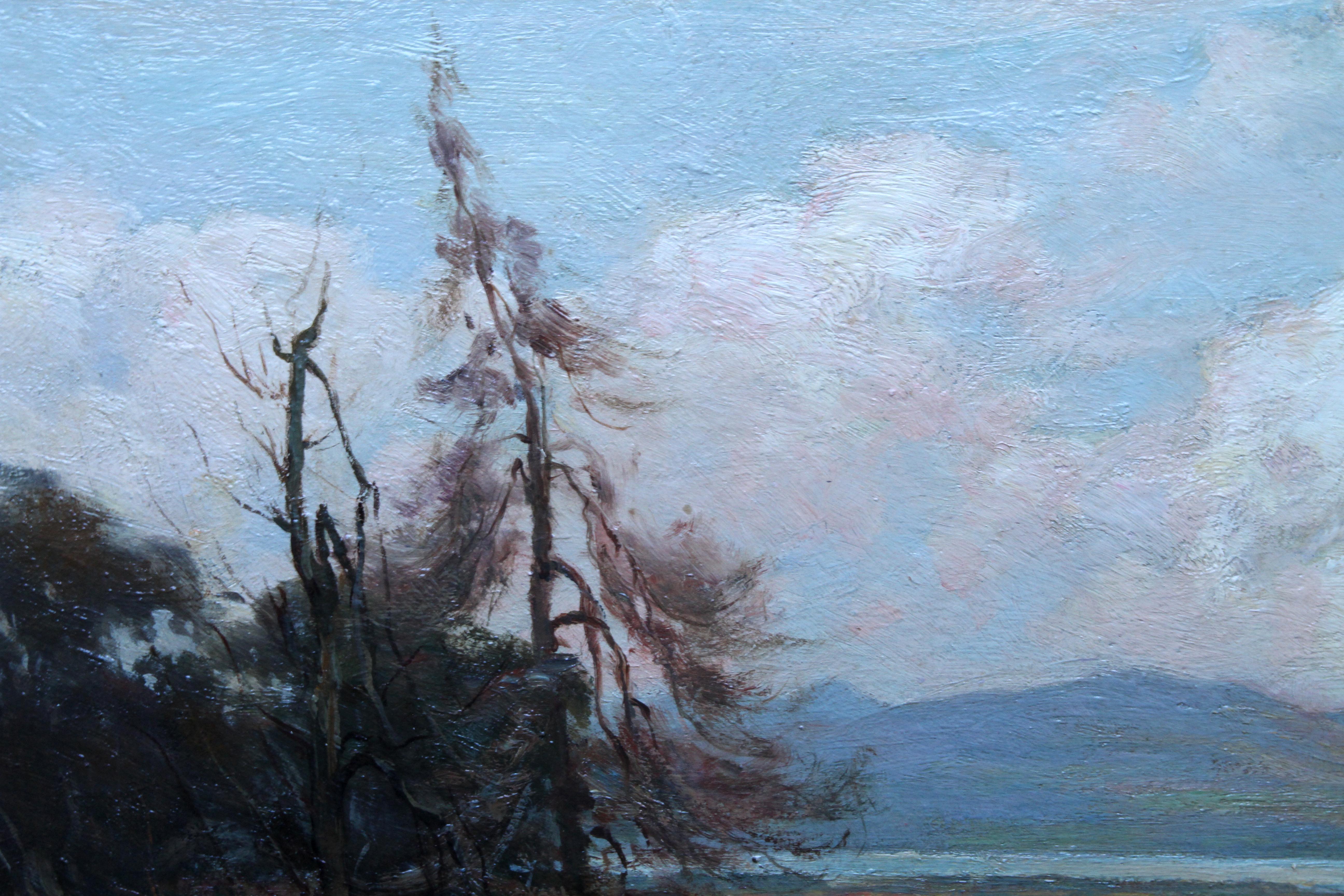 Ein schönes, großes Landschaftsgemälde, Öl auf Tafel, von dem schottischen Künstler Joseph Milne. Der Fluss ist der Tay, einer seiner Lieblingsflüsse, und die Aussicht vom Fuß des Turms auf dem Binn Hill mit den Hügeln von Fife ist noch