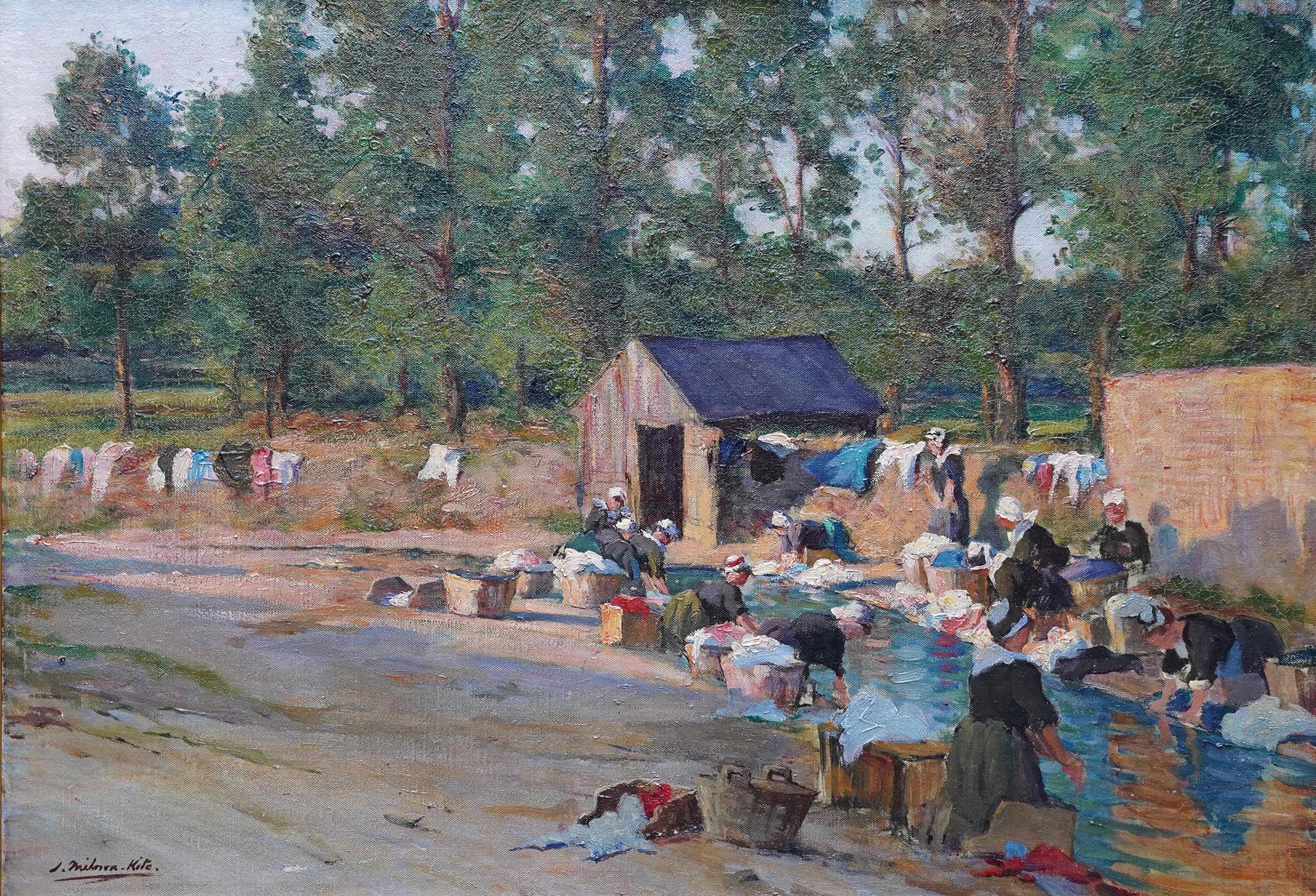 Bretagne Women Washing Clothes in River - British Edwardian art oil painting 7