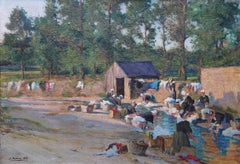 Bretagne Women Washing Clothes in River - British Edwardian art oil painting