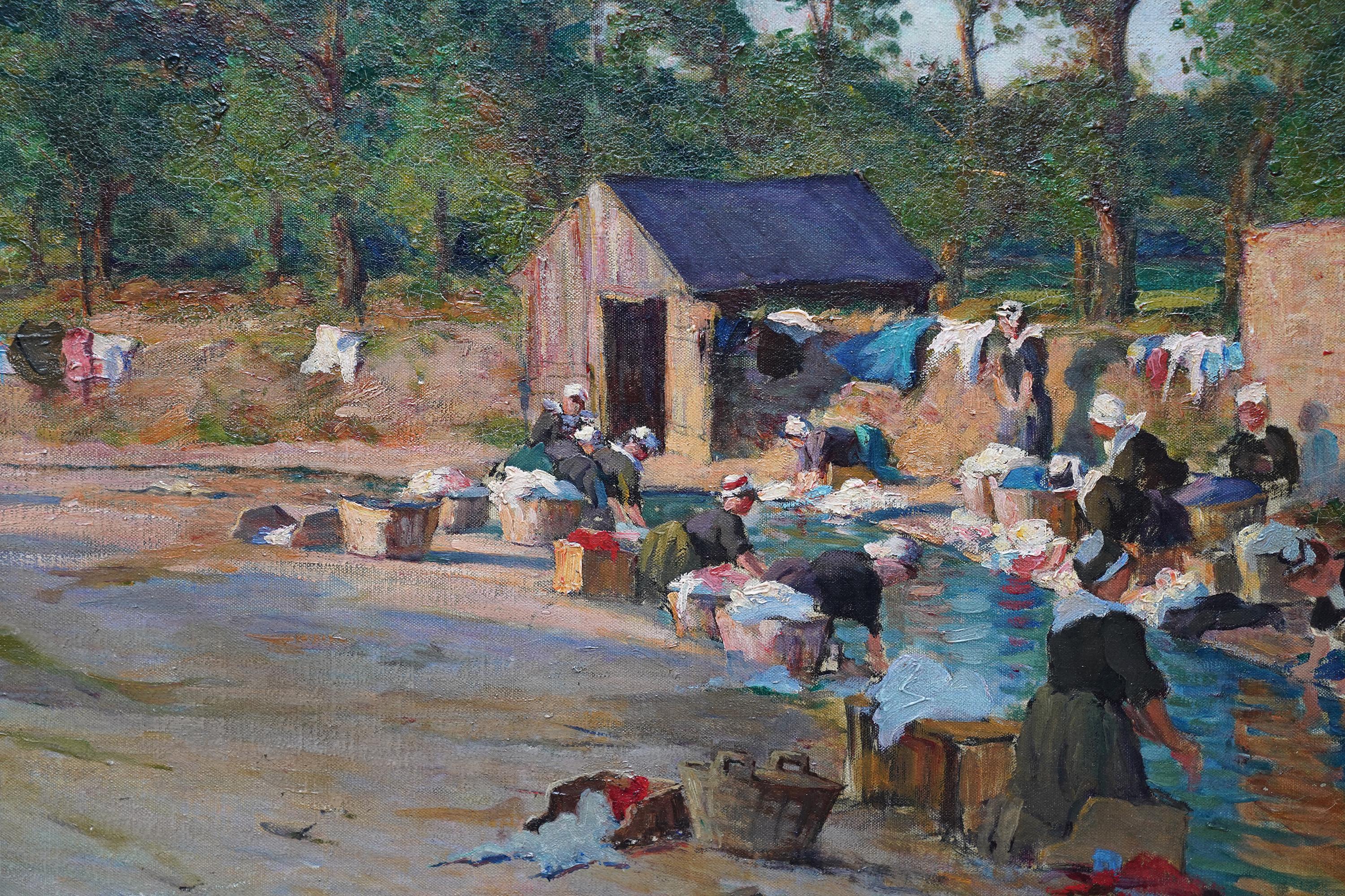 Bretagne Women Washing Clothes in River - British Edwardian art oil painting - Impressionist Painting by Joseph Milner Kite