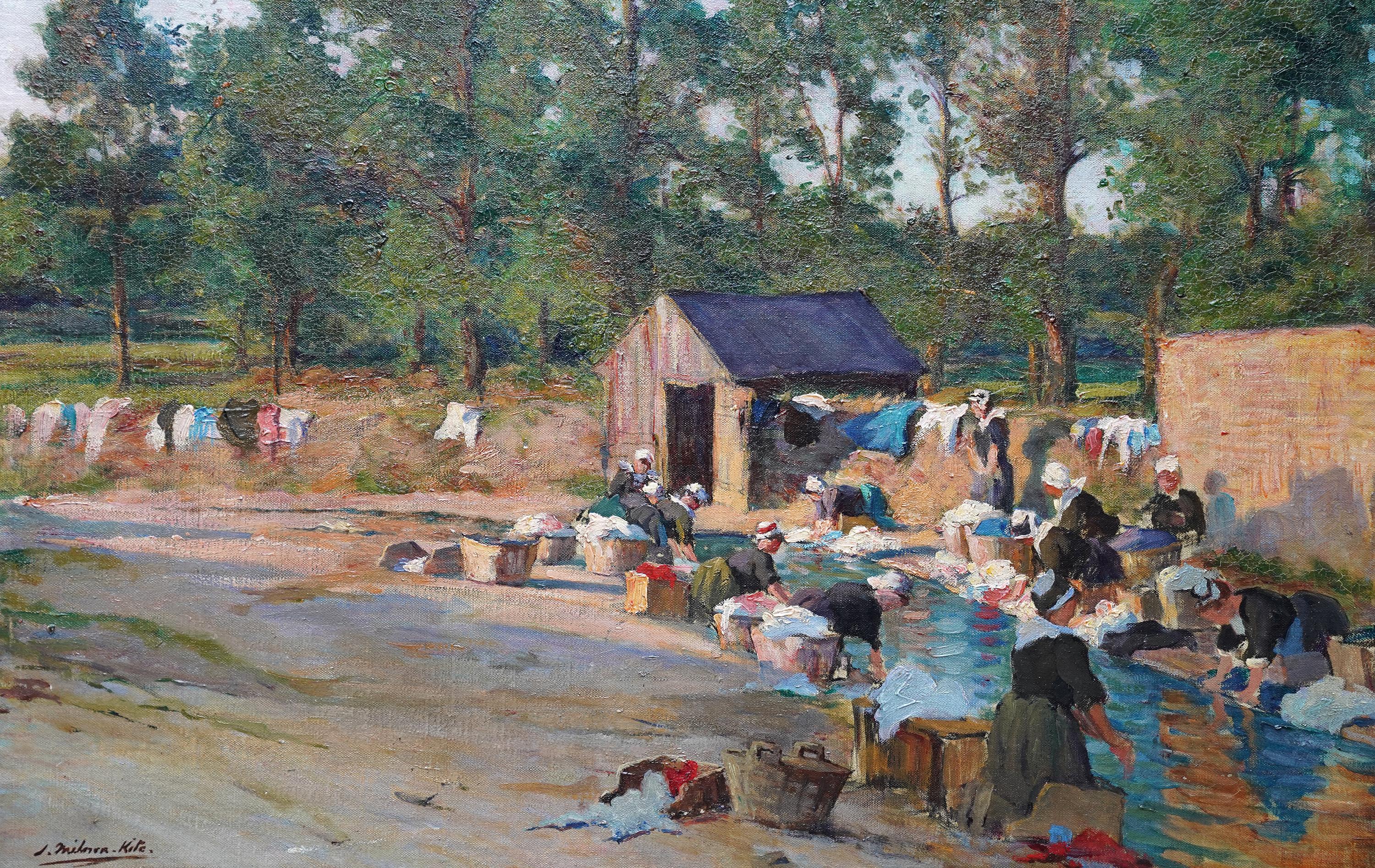 This lovely colourful British Edwardian oil painting is by noted artist Joseph Milner Kite. Painter circa 1910, the location is in Brittany where Milner Kite spent considerable time each year painting. The composition is a group of ten or more women