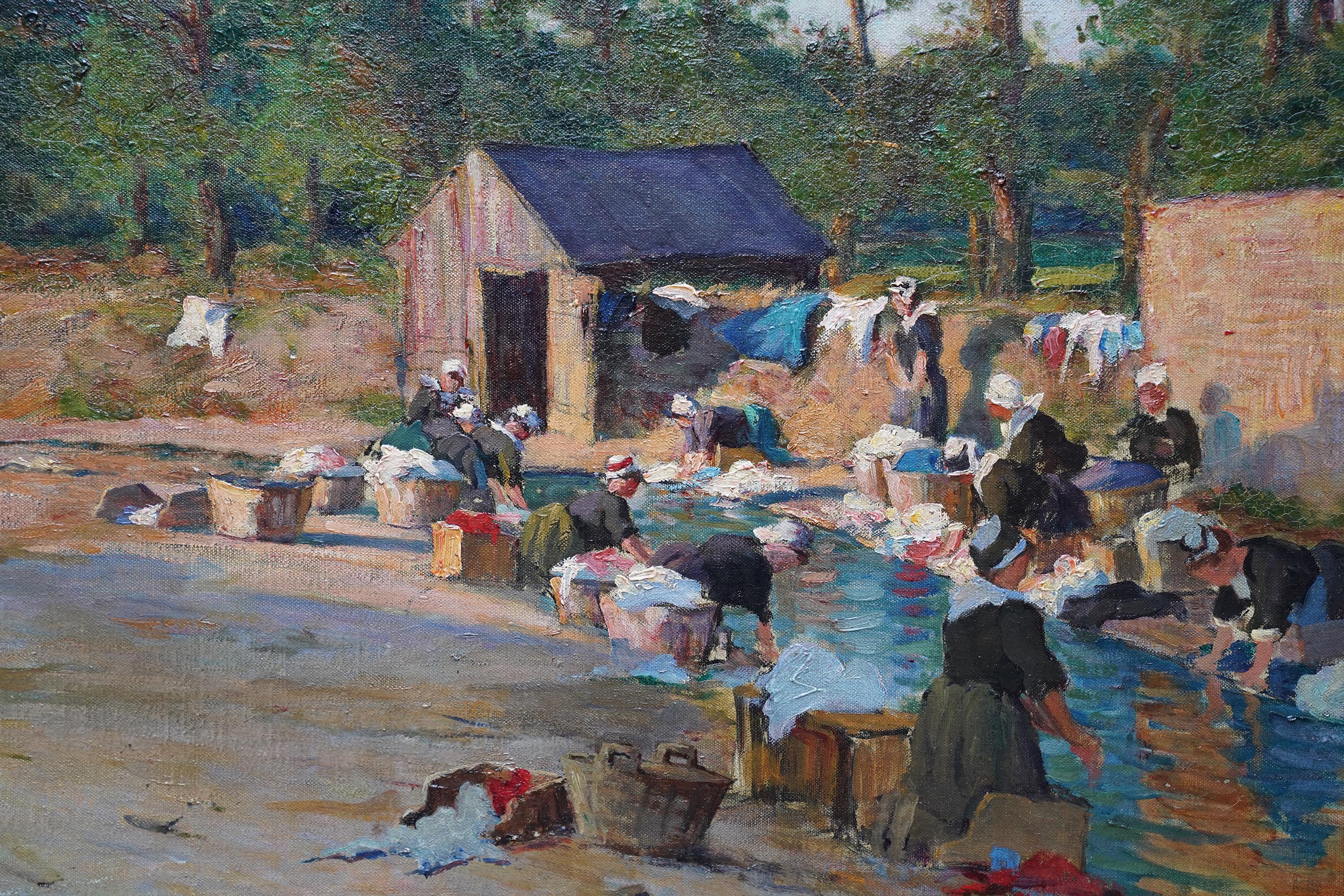 Bretagne Women Washing Clothes in River - British Edwardian art oil painting 1