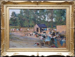 Antique Bretagne Women Washing Clothes in River - British Edwardian art oil painting 