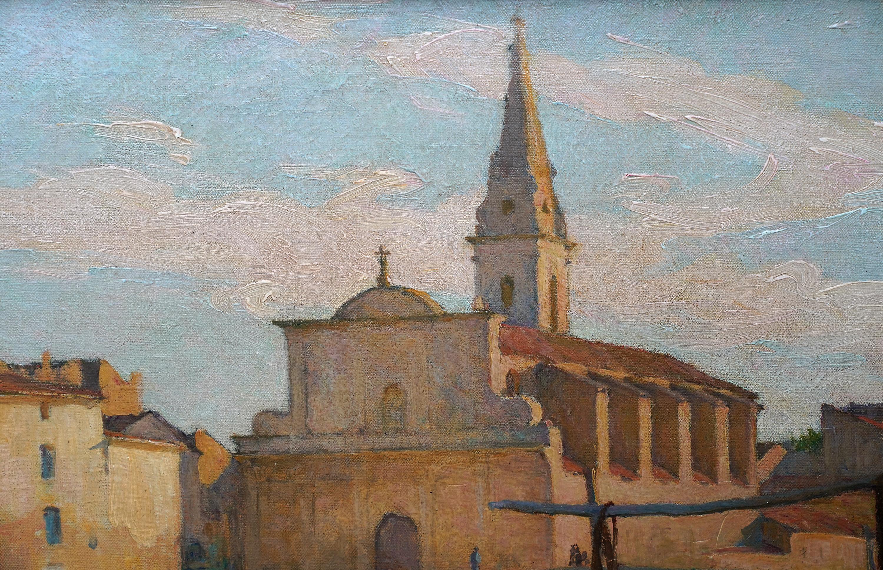 This superb British oil painting is by noted artist Joseph Miler Kite. Painted circa 1910, the setting is the Caronte canal in Martigues, on the Mediterranean coast of France. The old town of Martigues is essentially split into three parts by the