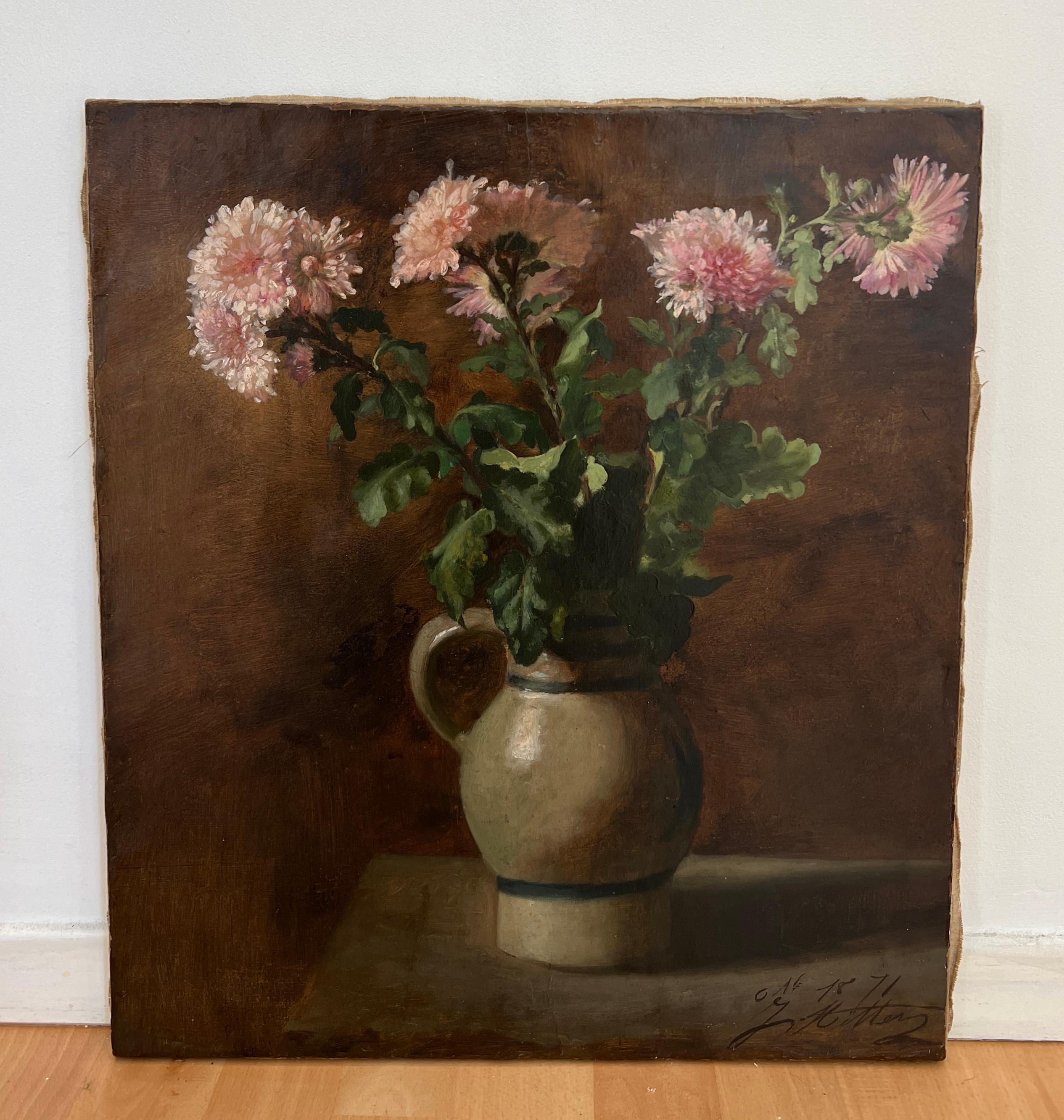 Blumenstrauß mit Chrysanthemen – Painting von Joseph Mittey
