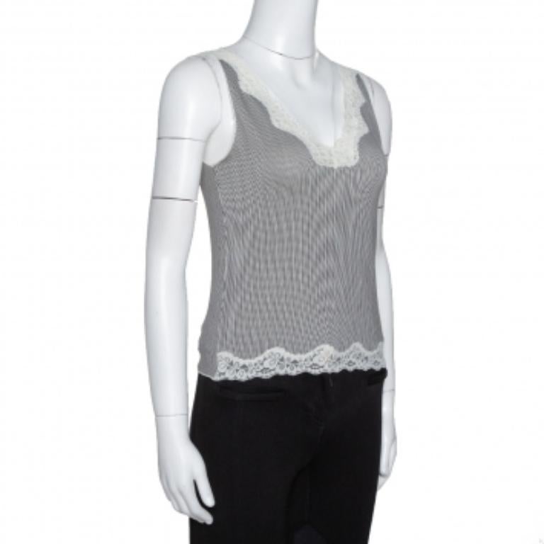 Joseph Monochrome Striped Knit Lace Trim Camisole Top XS In Good Condition For Sale In Dubai, Al Qouz 2