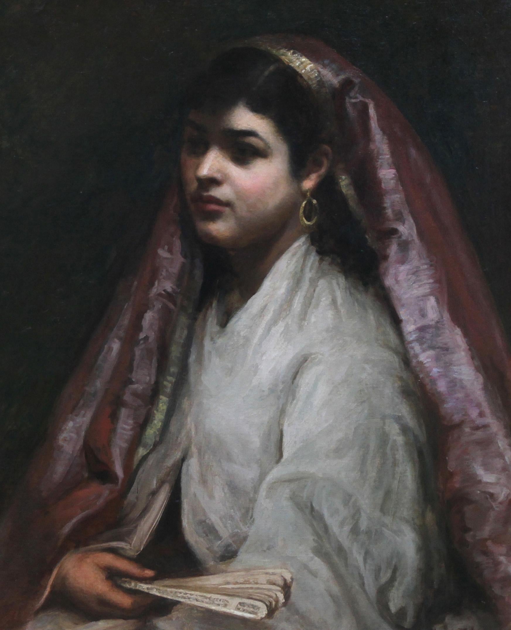 A stunning 19th century oil painting by noted British Jewish artist Joseph Mordecai which depicts an Arabian beauty and was painted in 1873. The painting was exhibited at The Royal Academy in 1873 under the title The Nubian and it is a fine