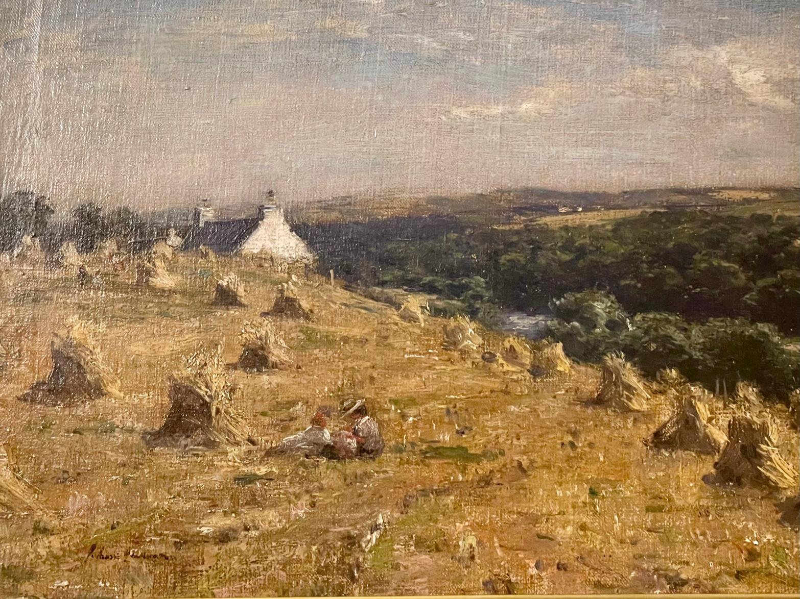 'Harvest Time' with Croft and Haystacks Impressionist oil on canvas painting is by popular Scottish artist Joseph Morris Henderson, RSA (1863-1936) known for Landscapes and Seascapes. Henderson exhibited in the London Royal Academy, the Royal