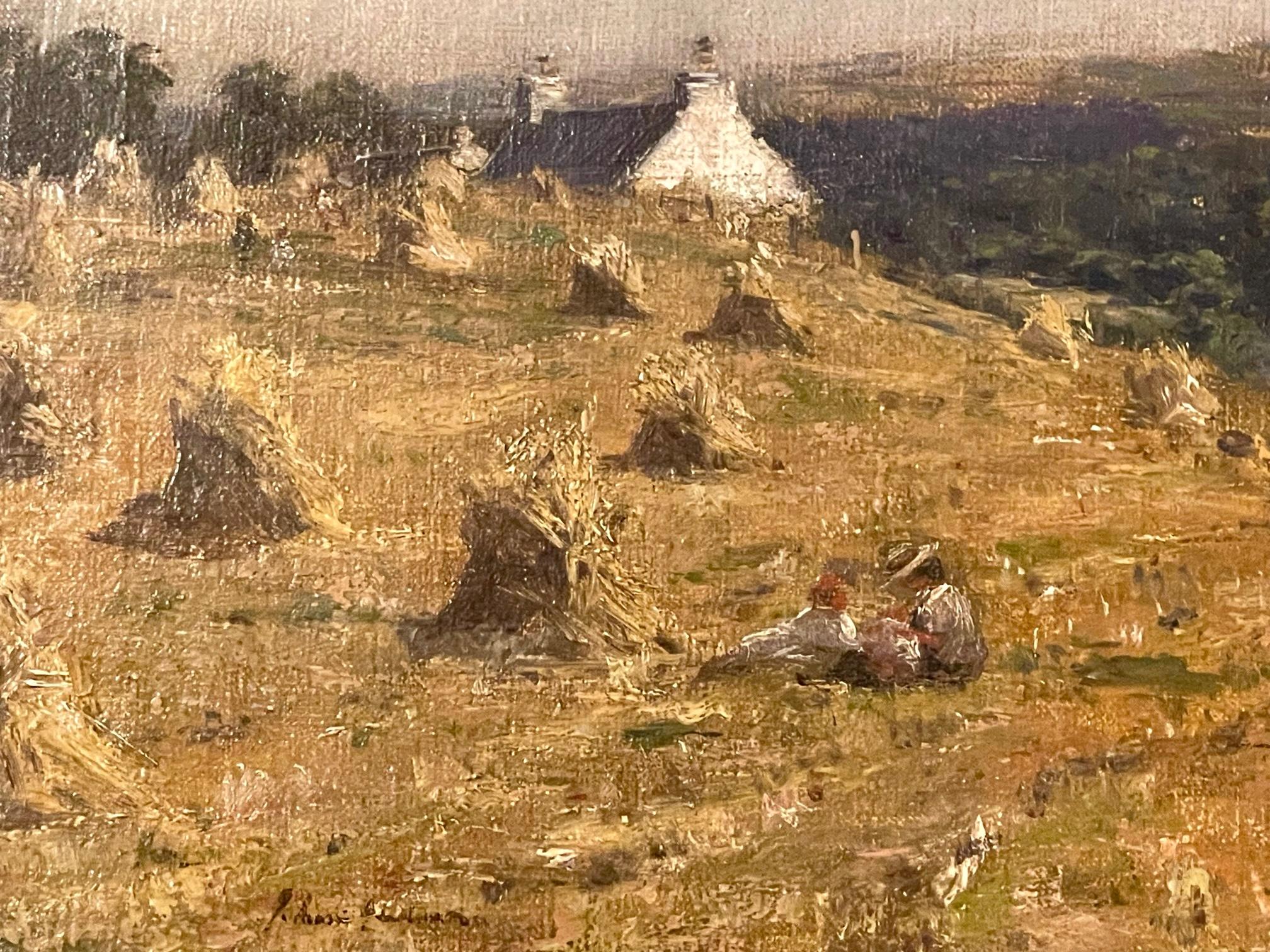   Harvest Time with Croft and Haystacks - Brown Landscape Painting by Joseph Morris Henderson