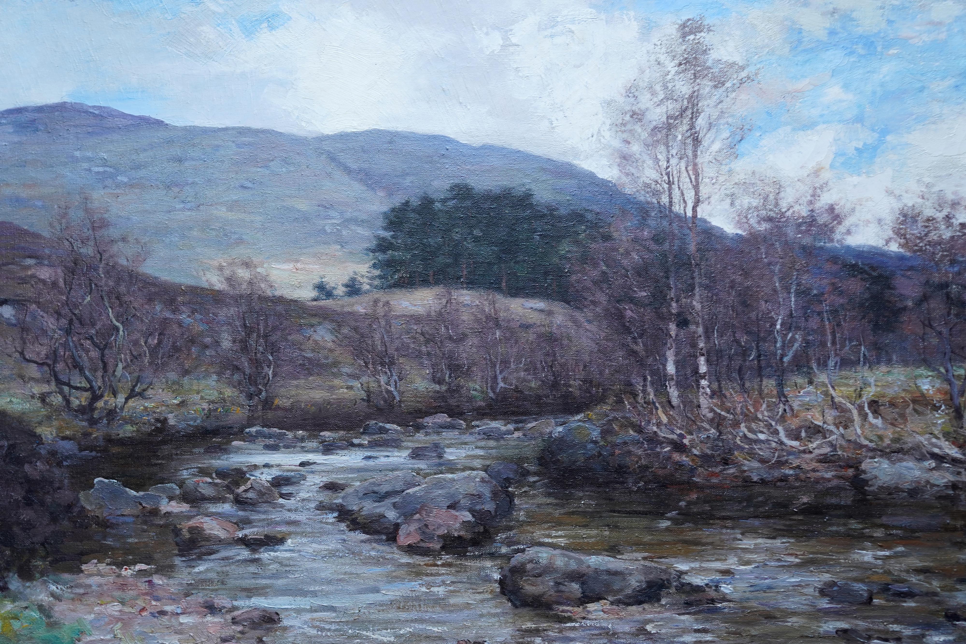 This superb, large Scottish Impressionist exhibited landscape oil painting is by noted artist Joseph Morris Henderson. It was painted in 1923 and exhibited at the Glasgow Institute of Fine Art that year. The location is Balquhidder in Scotland, a