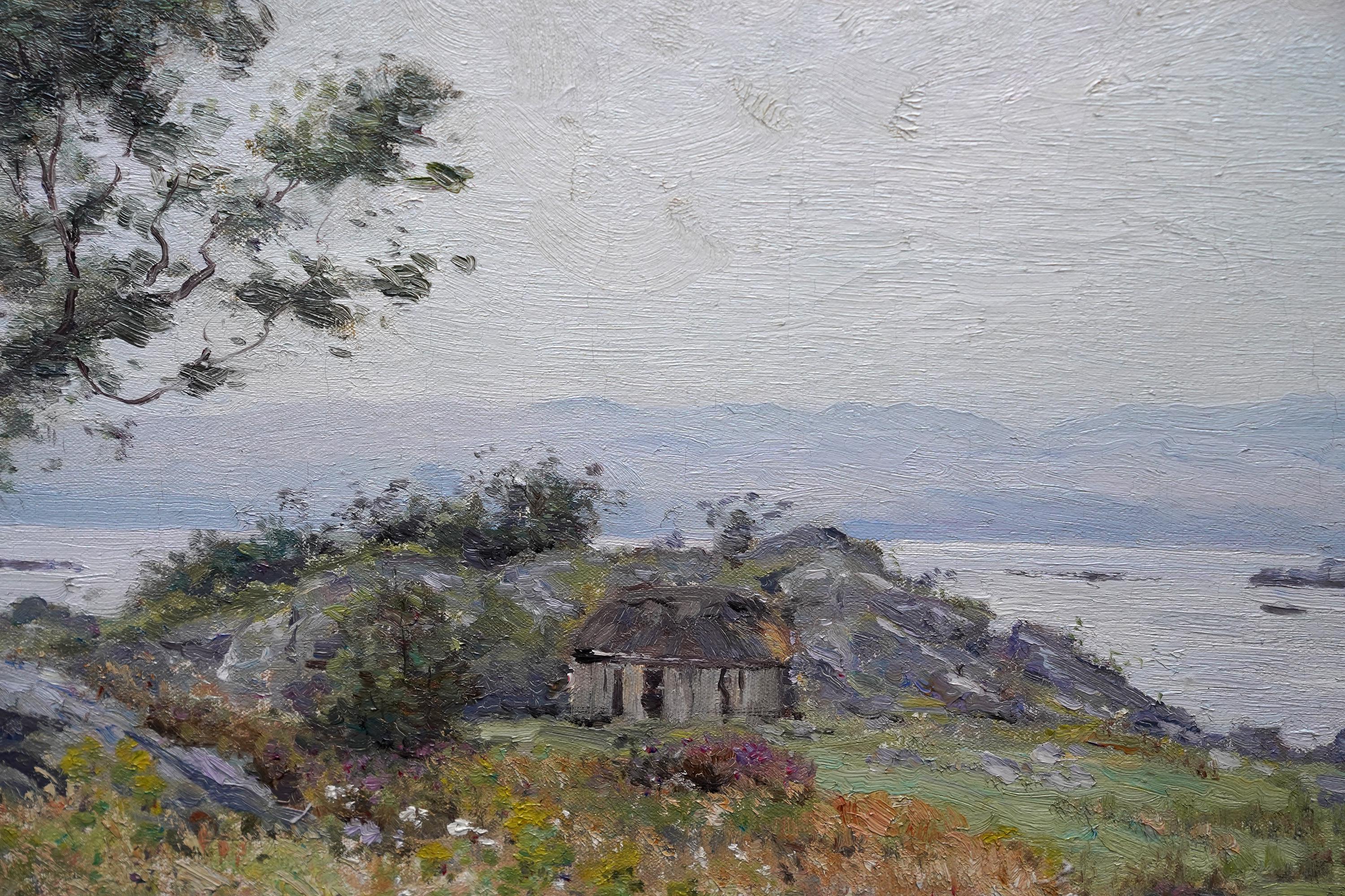 A fine original Scottish Impressionist oil painting by Joseph Morris Henderson dating to circa 1900. The work depicts a coastal scene with a dwelling in the landscape and a tranquil sea beyond. 
Signed lower left.
Provenance. Sussex collection.