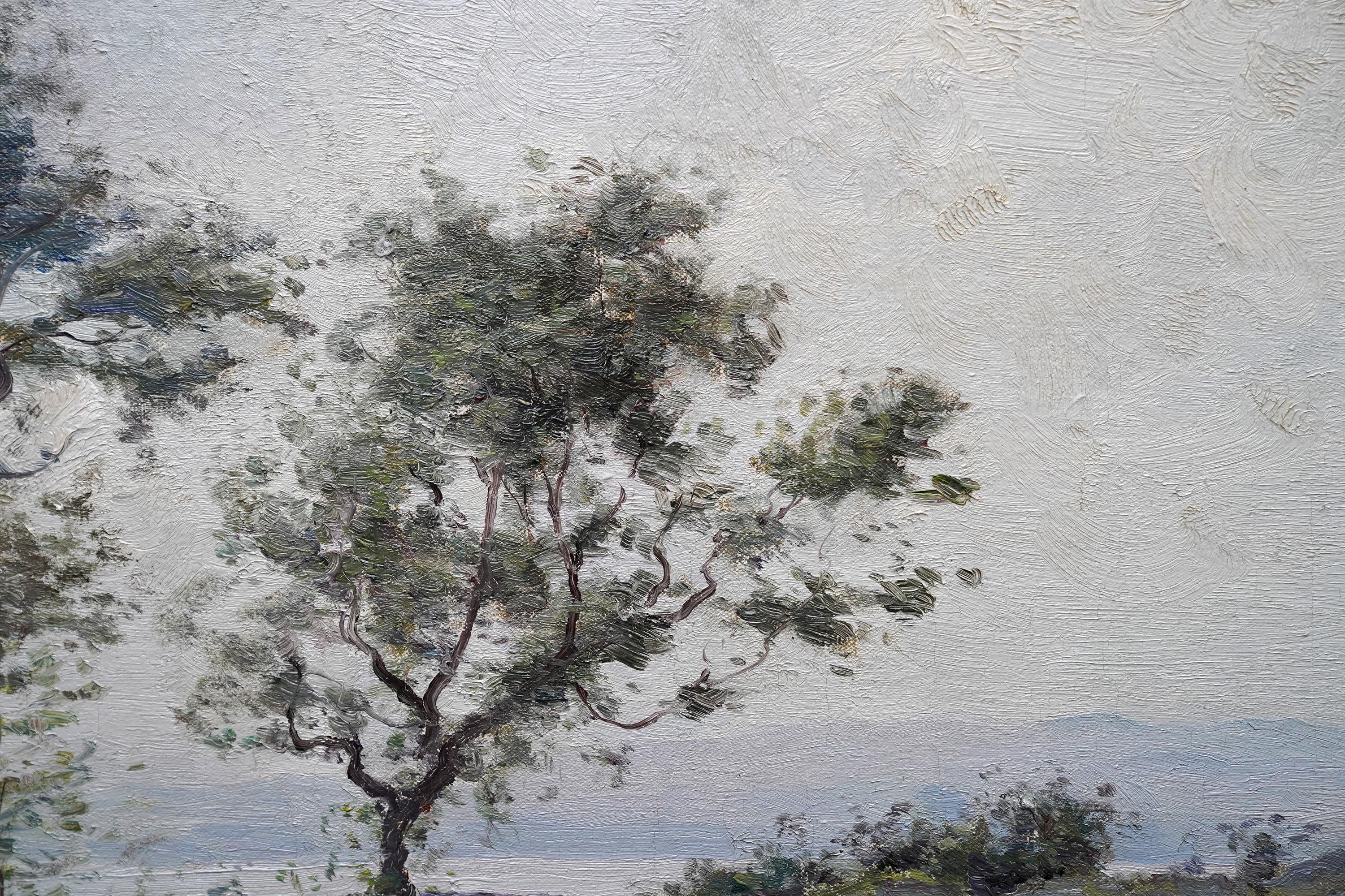 Une belle peinture à l'huile impressionniste écossaise originale de Joseph Morris Henderson datant d'environ 1900. L'œuvre représente une scène côtière avec une habitation dans le paysage et une mer tranquille au-delà. 
Signé en bas à