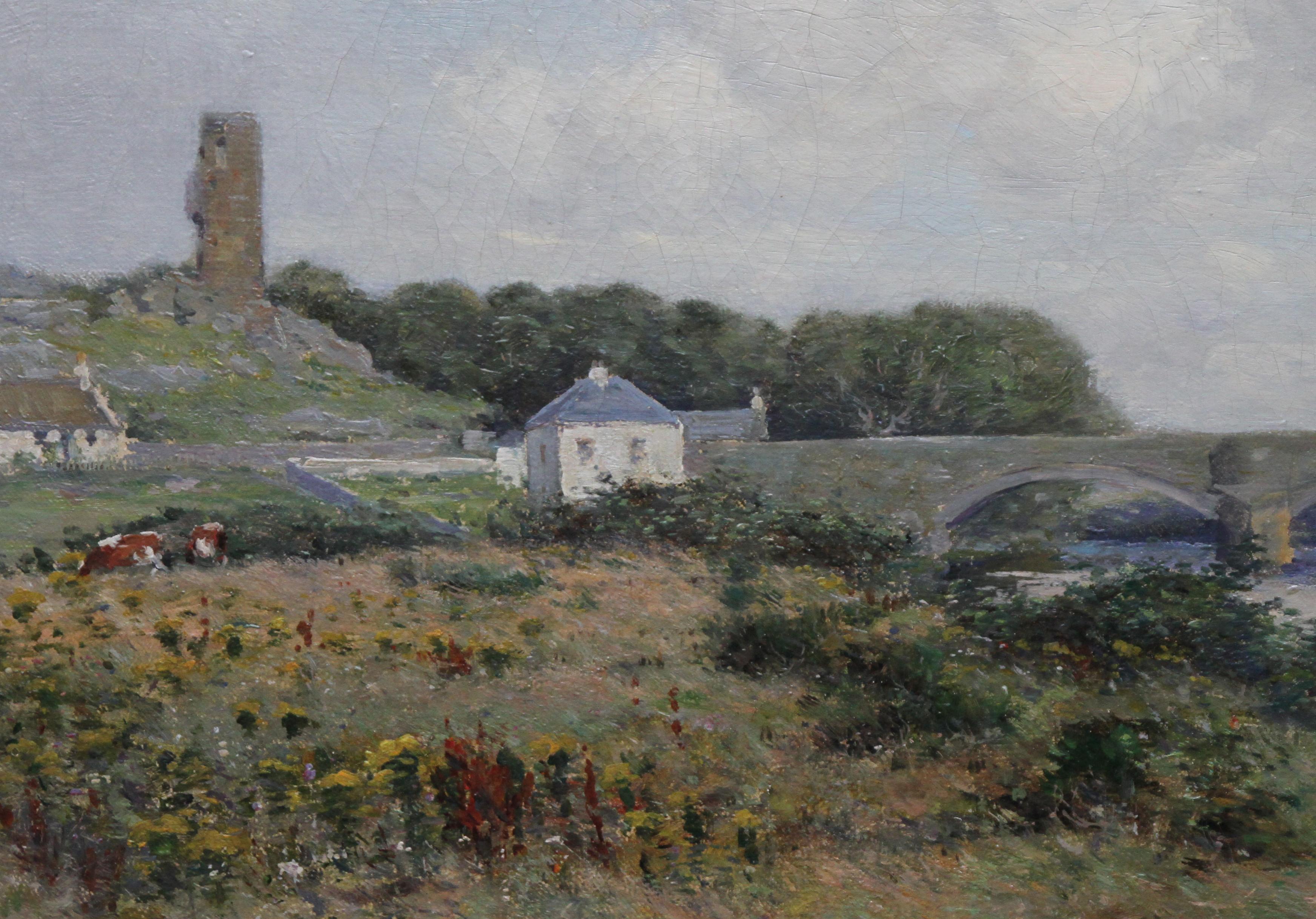 The Auld Brig Ballantrae - Scottish 19thC Impressionist landscape oil painting - Gray Landscape Painting by Joseph Morris Henderson