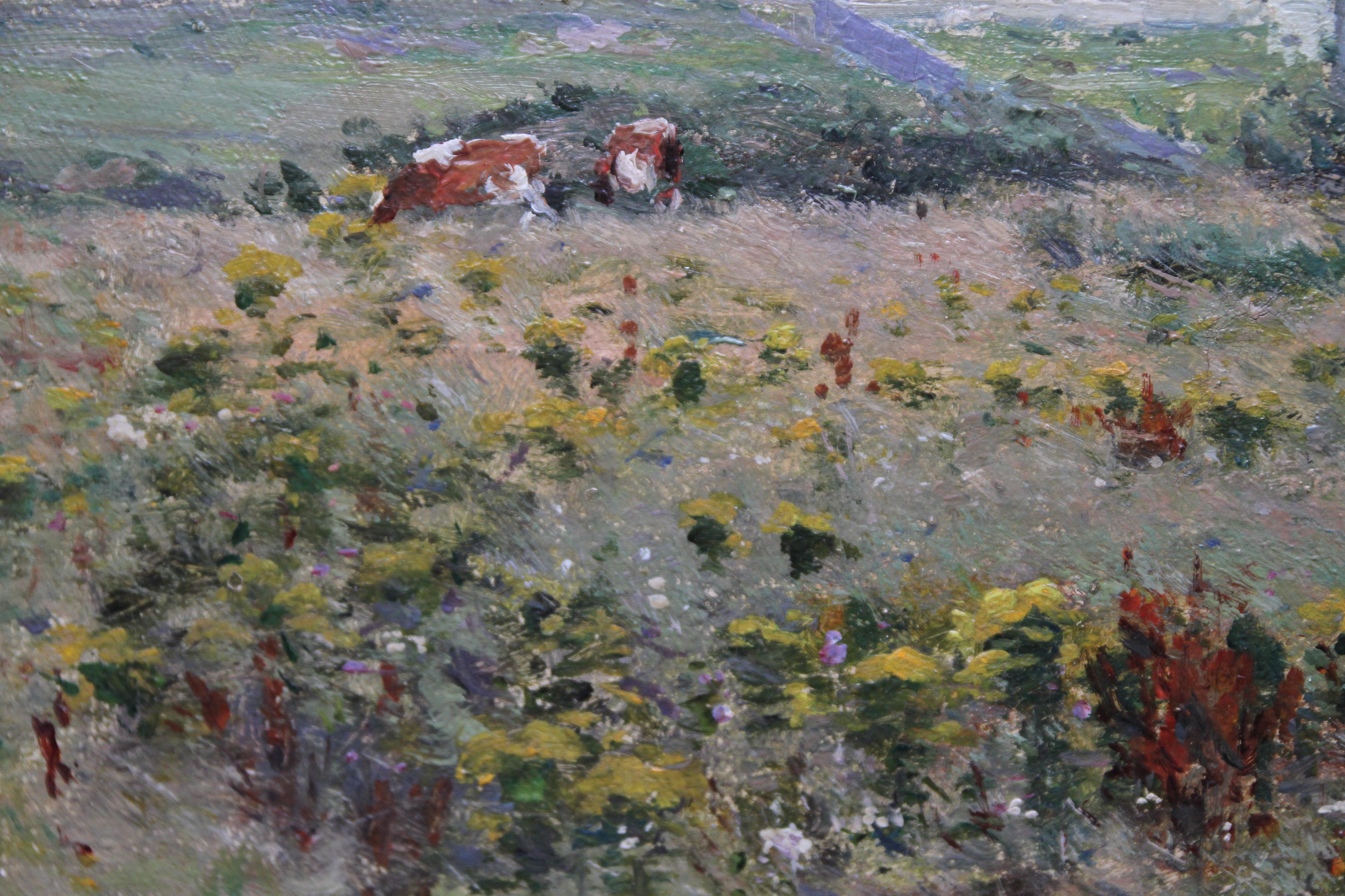This superb Impressionist original oil painting is by Scottish artist Joseph Morris Henderson and dates to circa 1900. The painting depicts summer fields with wild flowers and cattle a joining a wide river. A bridge crosses the river and to the left