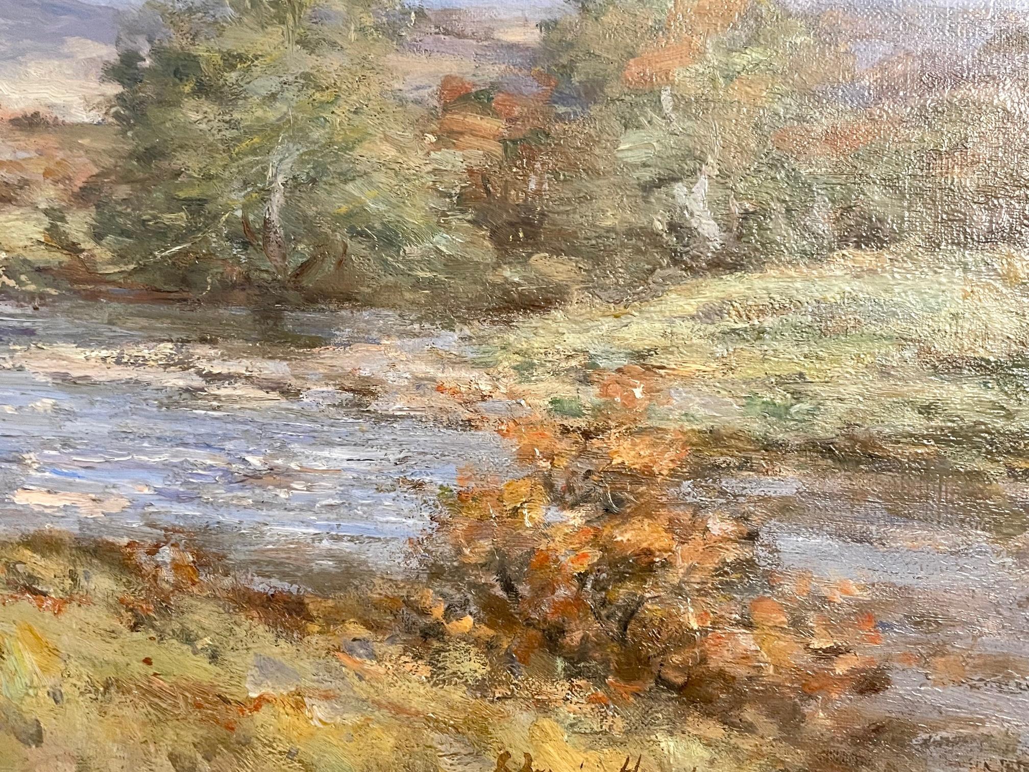 The River in October, Scotland circa 1900 - Marron Landscape Painting par Joseph Morris Henderson