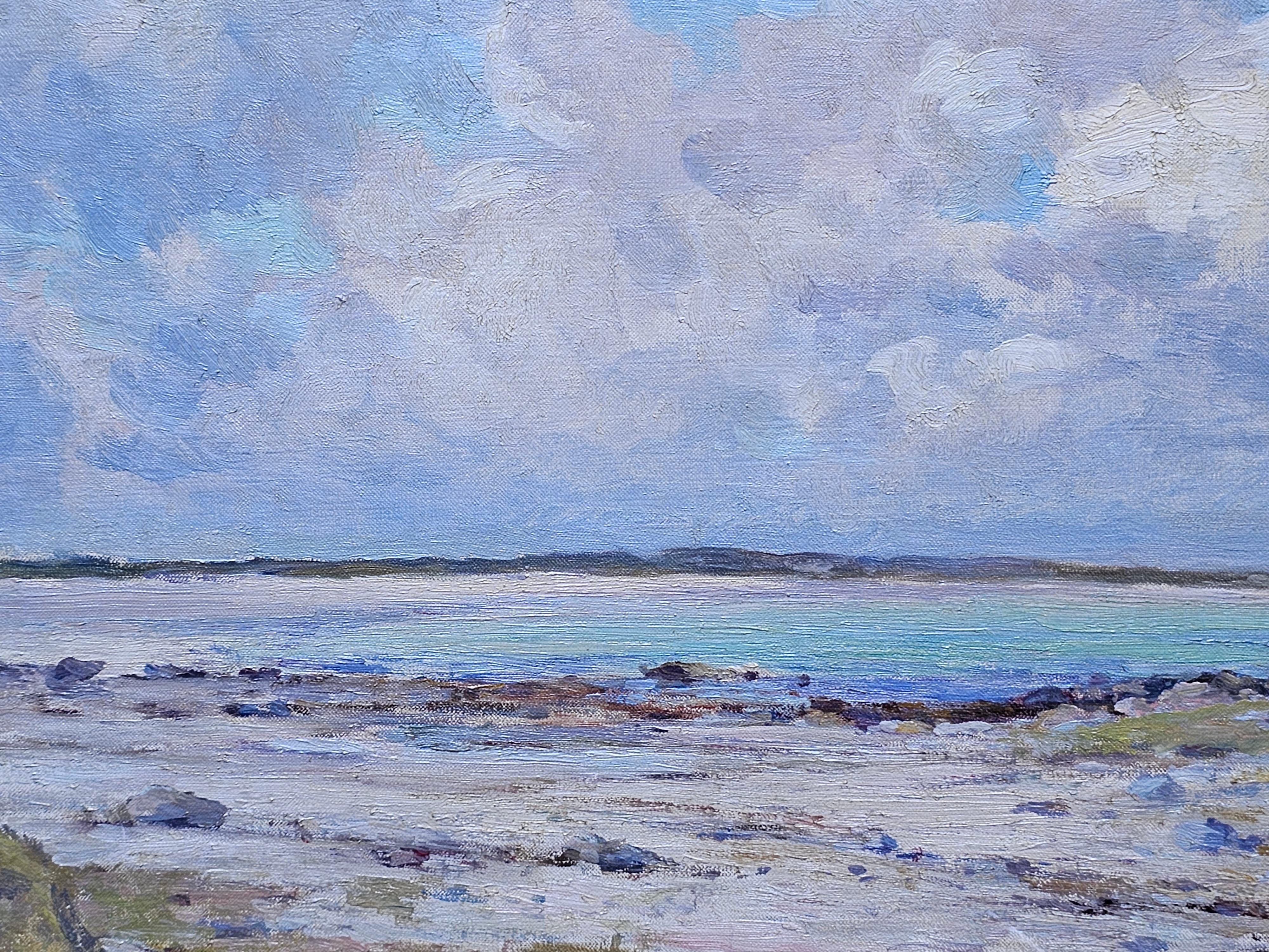 This serene Scottish Impressionist Edwardian coastal landscape is by noted Scottish artist Joseph Morris Henderson. It was painted circa 1910 and entitled Tiree verso. Tiree is the most westerly island in the Inner Hebrides of Scotland and one of