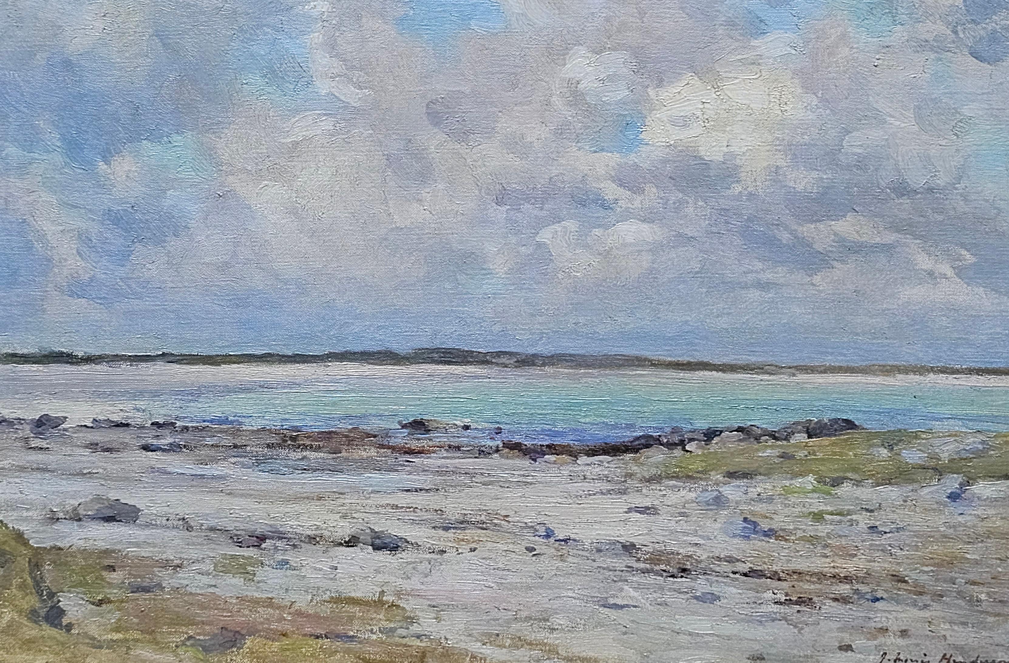 This serene Scottish Impressionist Edwardian coastal landscape is by noted Scottish artist Joseph Morris Henderson. It was painted circa 1910 and entitled Tiree verso. Tiree is the most westerly island in the Inner Hebrides of Scotland and one of