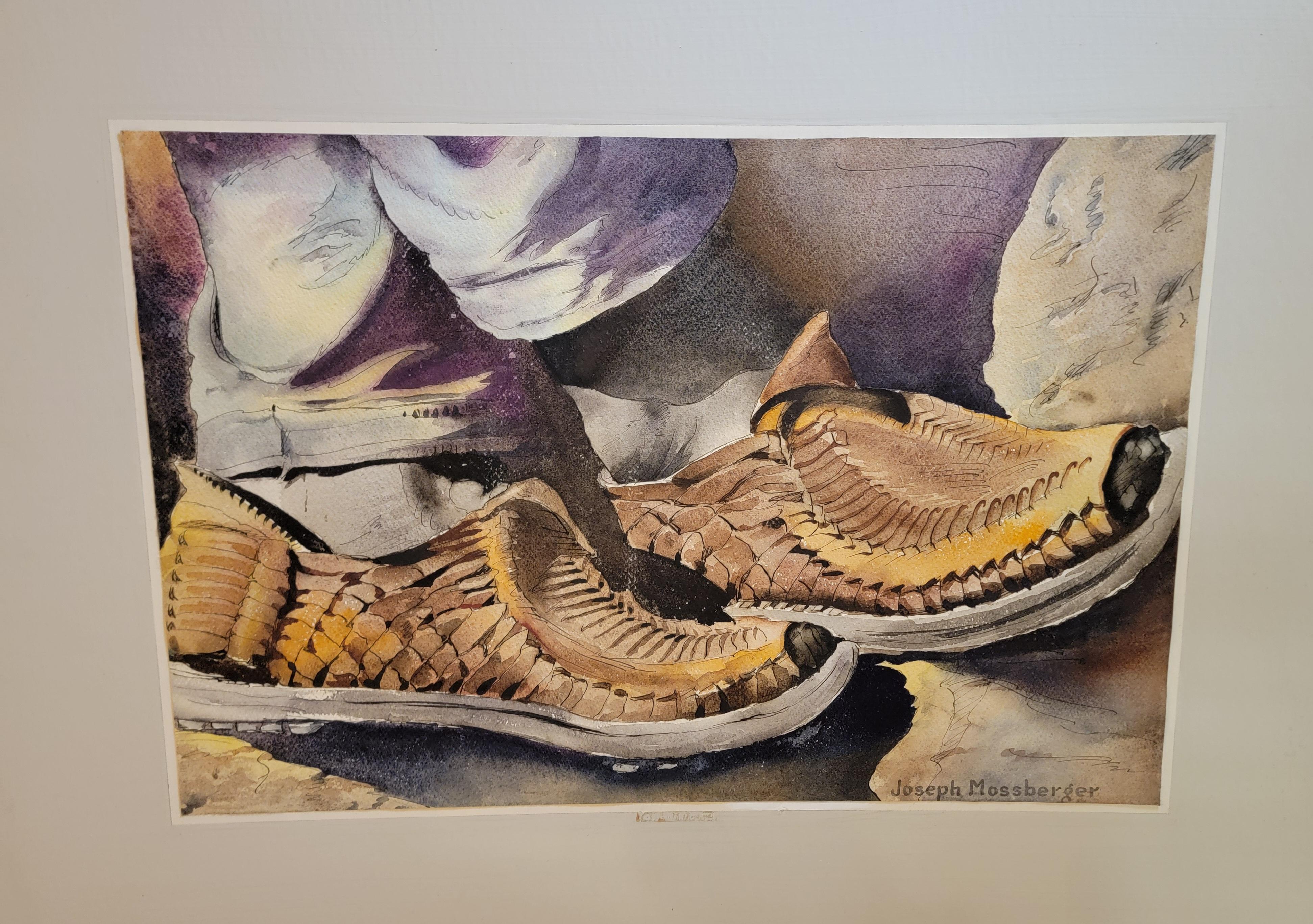 Original watercolor painting by California Artist Joseph Mossberger. Depicting woven leather Mexican sandals. Painted on paper glued to cardboard backing. Measuring 24.75