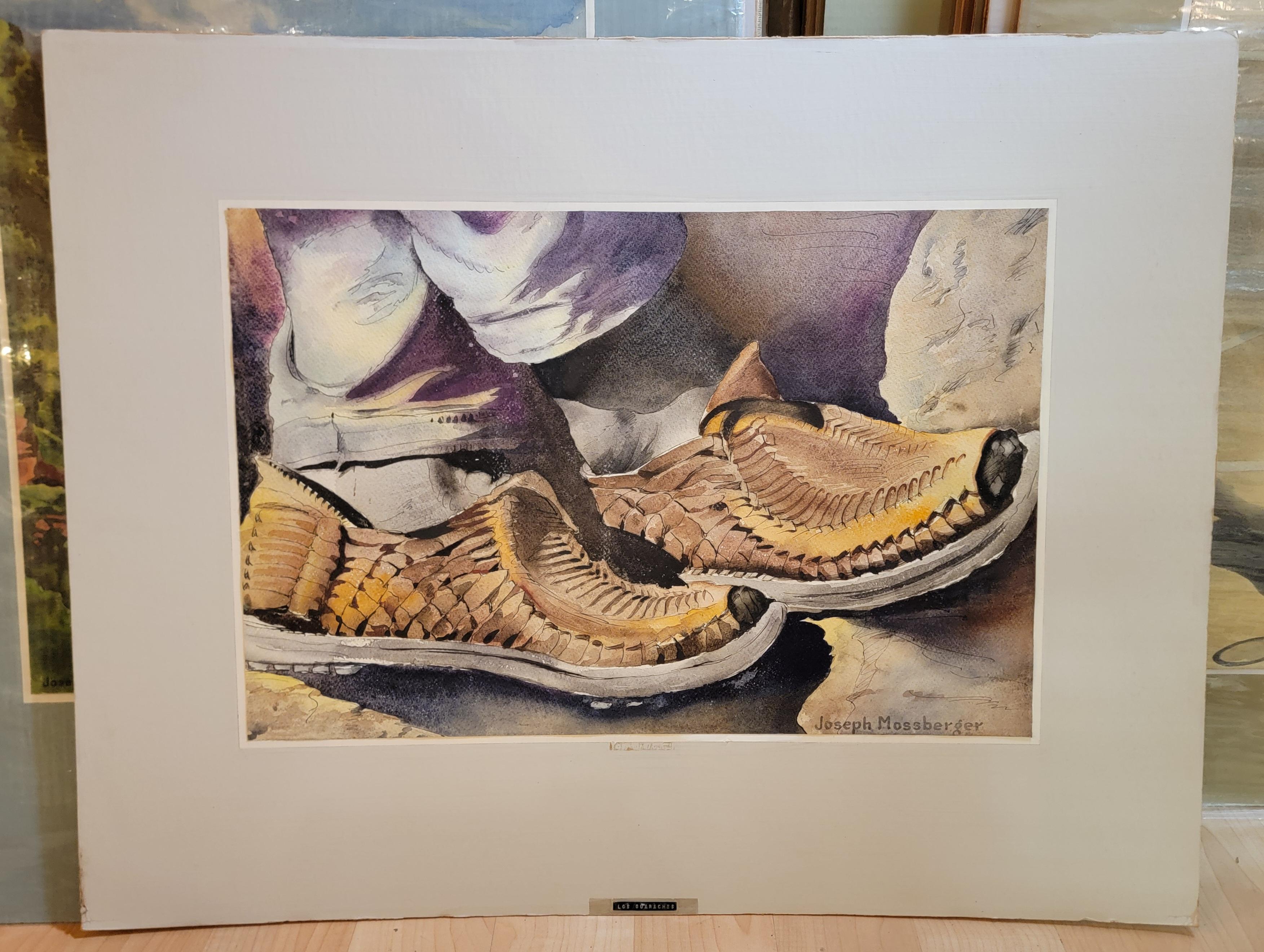 American Joseph Mossberger Watercolor Painting Mexican Sandals For Sale