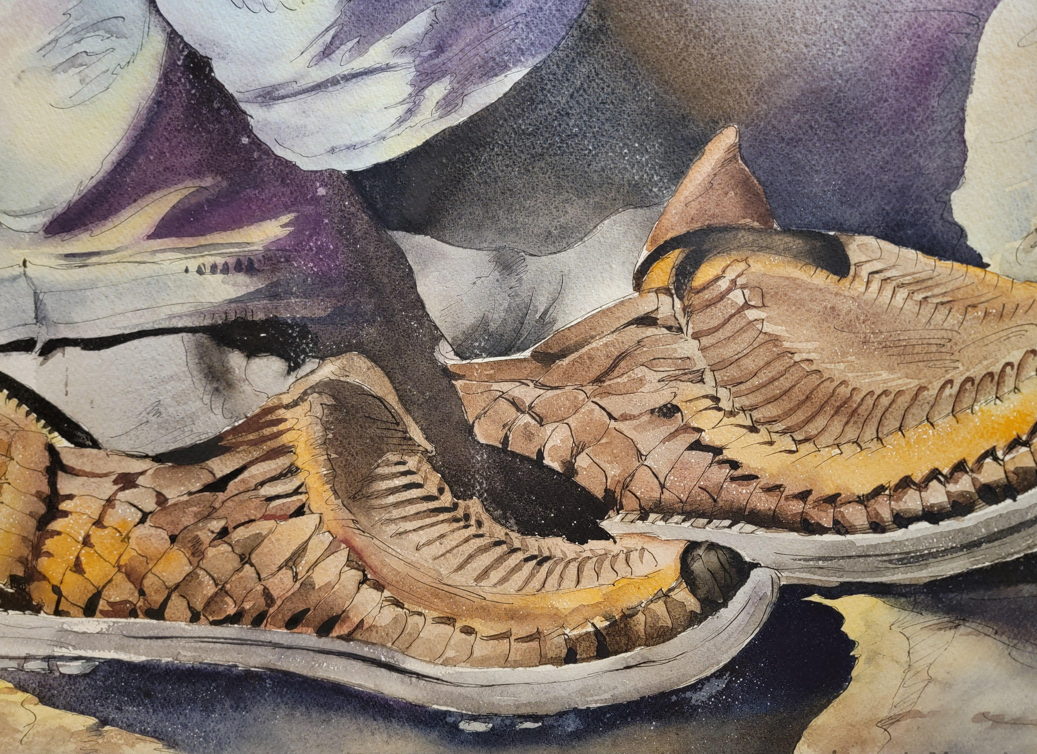 Joseph Mossberger Watercolor Painting Mexican Sandals In Good Condition For Sale In Fulton, CA