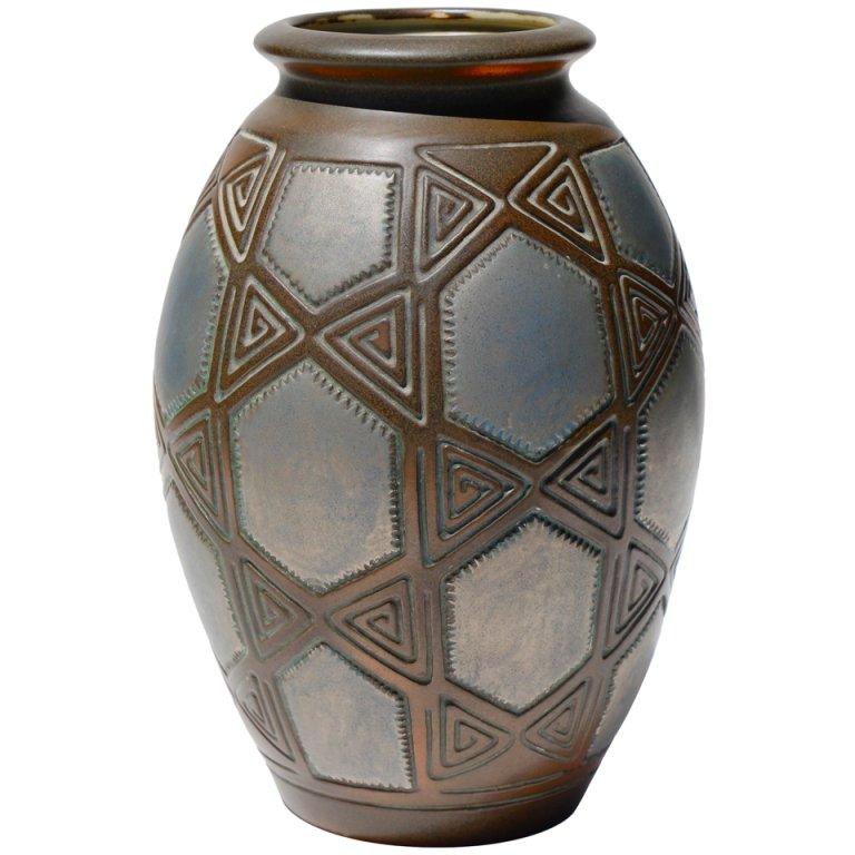 Joseph Mougin Art Deco Metallisch glasierte Keramik Vase