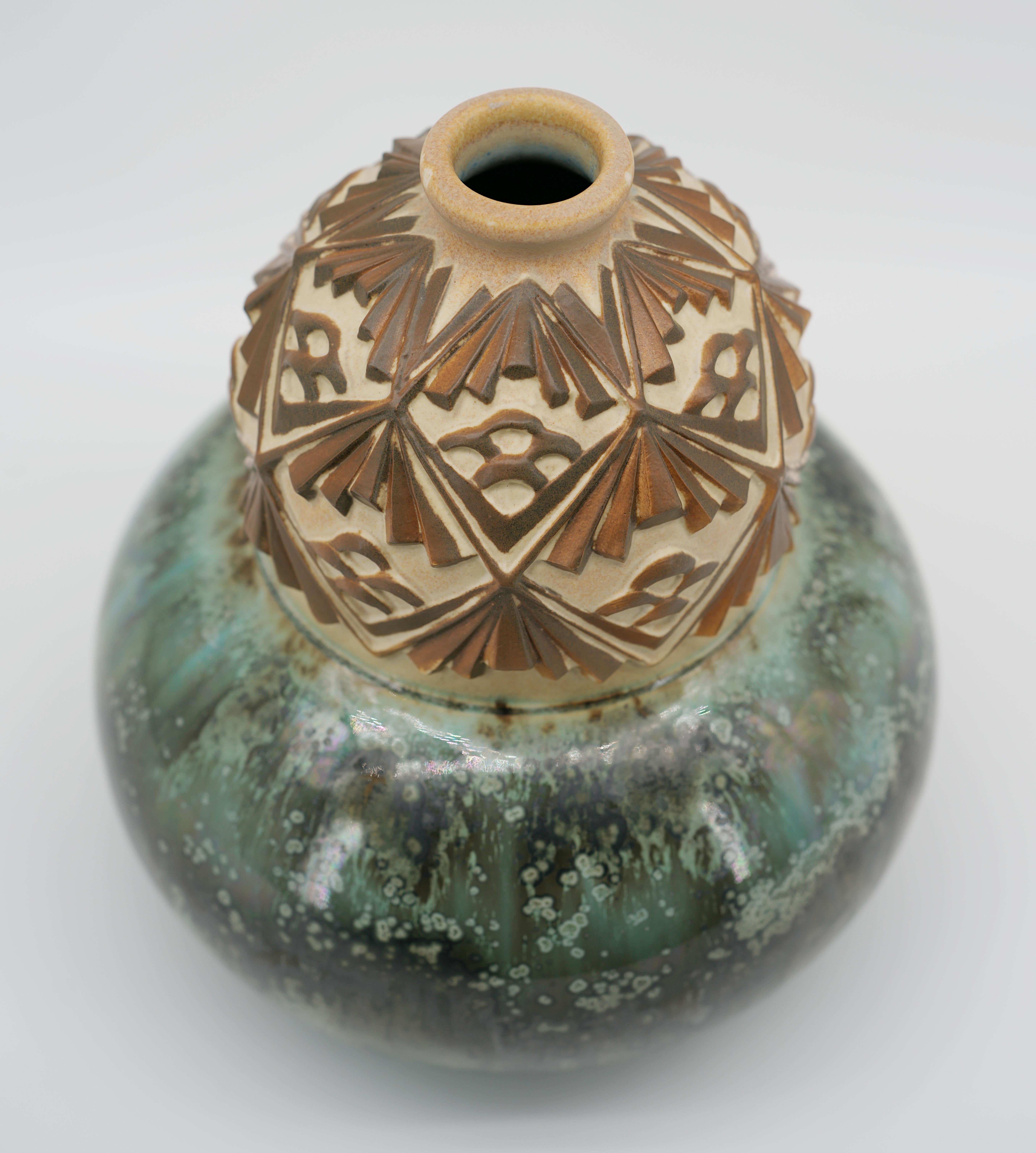 Joseph Mougin French Art Deco Stoneware Vase, Pinecones, Ca.1930 For Sale 7