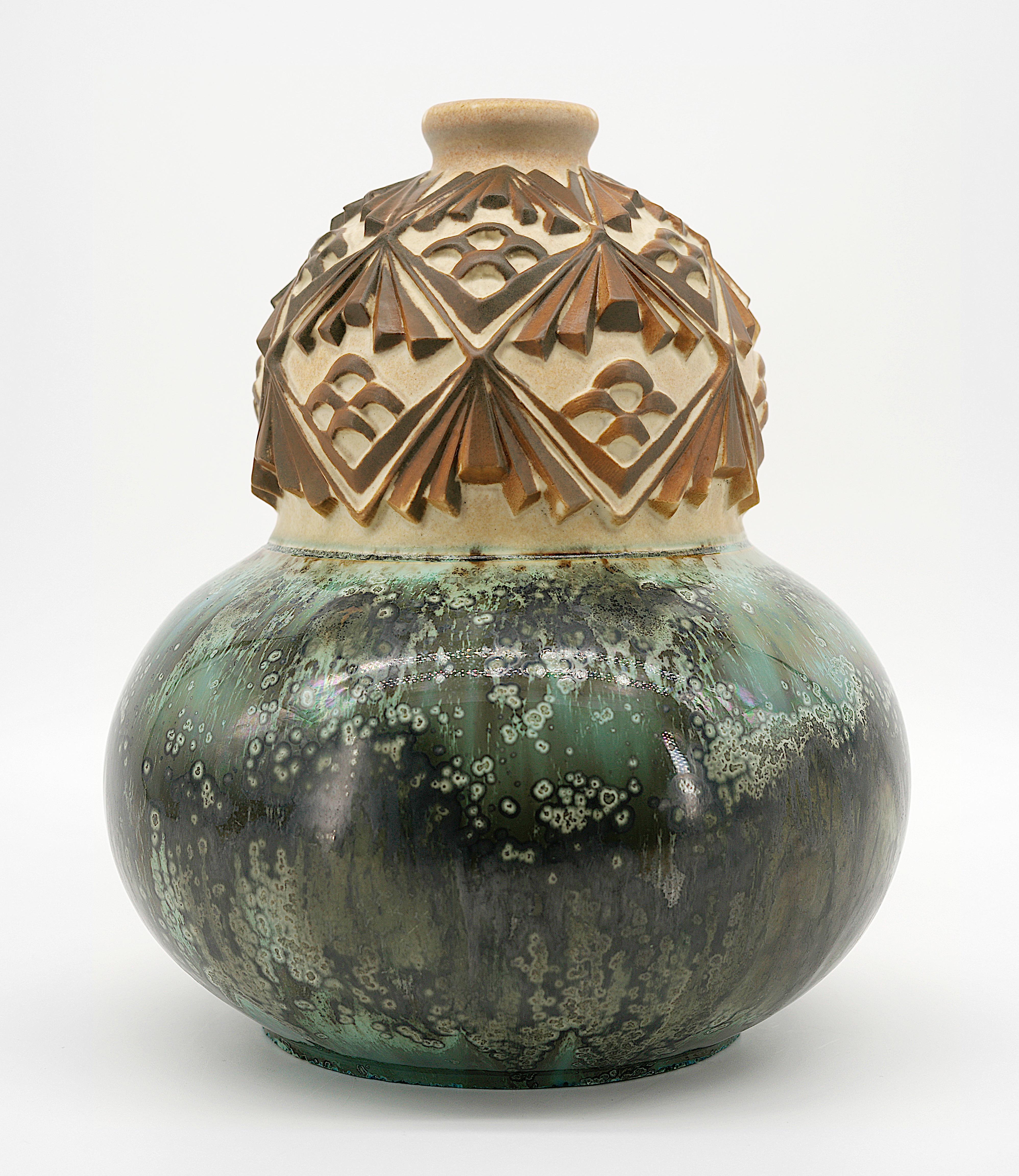 French Art Deco stoneware vase by Joseph MOUGIN (1876-1961), Luneville (Nancy), France, ca.1930. Coloquinte vase in stoneware, base covered with green crystallized enamel, upper part decorated with stylized pinecones and needles on a beige