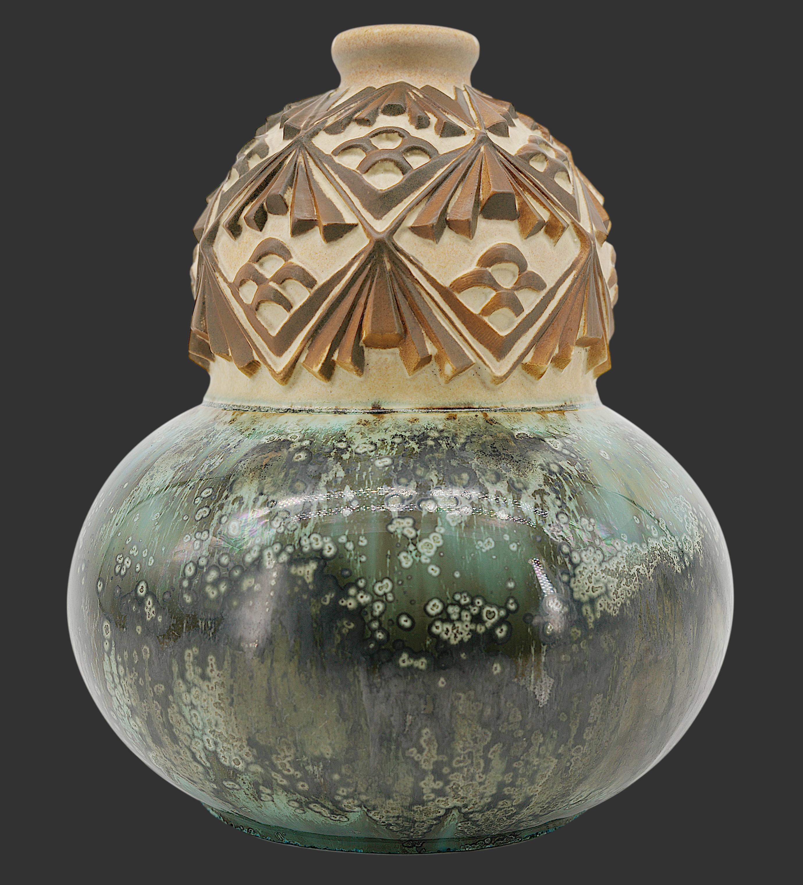 French Art Deco stoneware vase by Joseph MOUGIN (1876-1961), Luneville (Nancy), France, ca.1930. Coloquinte vase in stoneware, base covered with green crystallized enamel, upper part decorated with stylized pinecones and needles on a beige