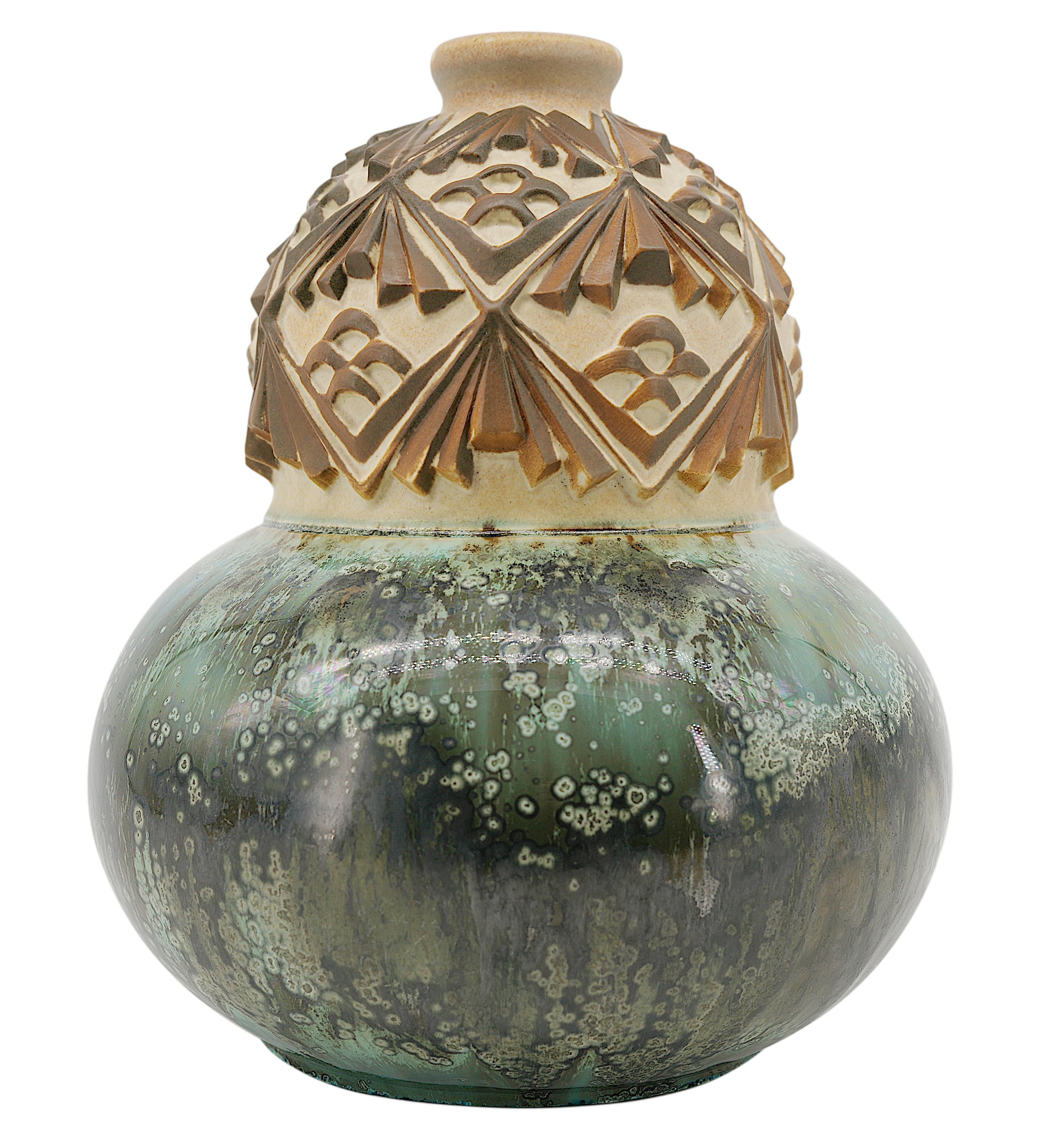 Joseph Mougin French Art Deco Stoneware Vase, Pinecones, Ca.1930 In Excellent Condition For Sale In Saint-Amans-des-Cots, FR