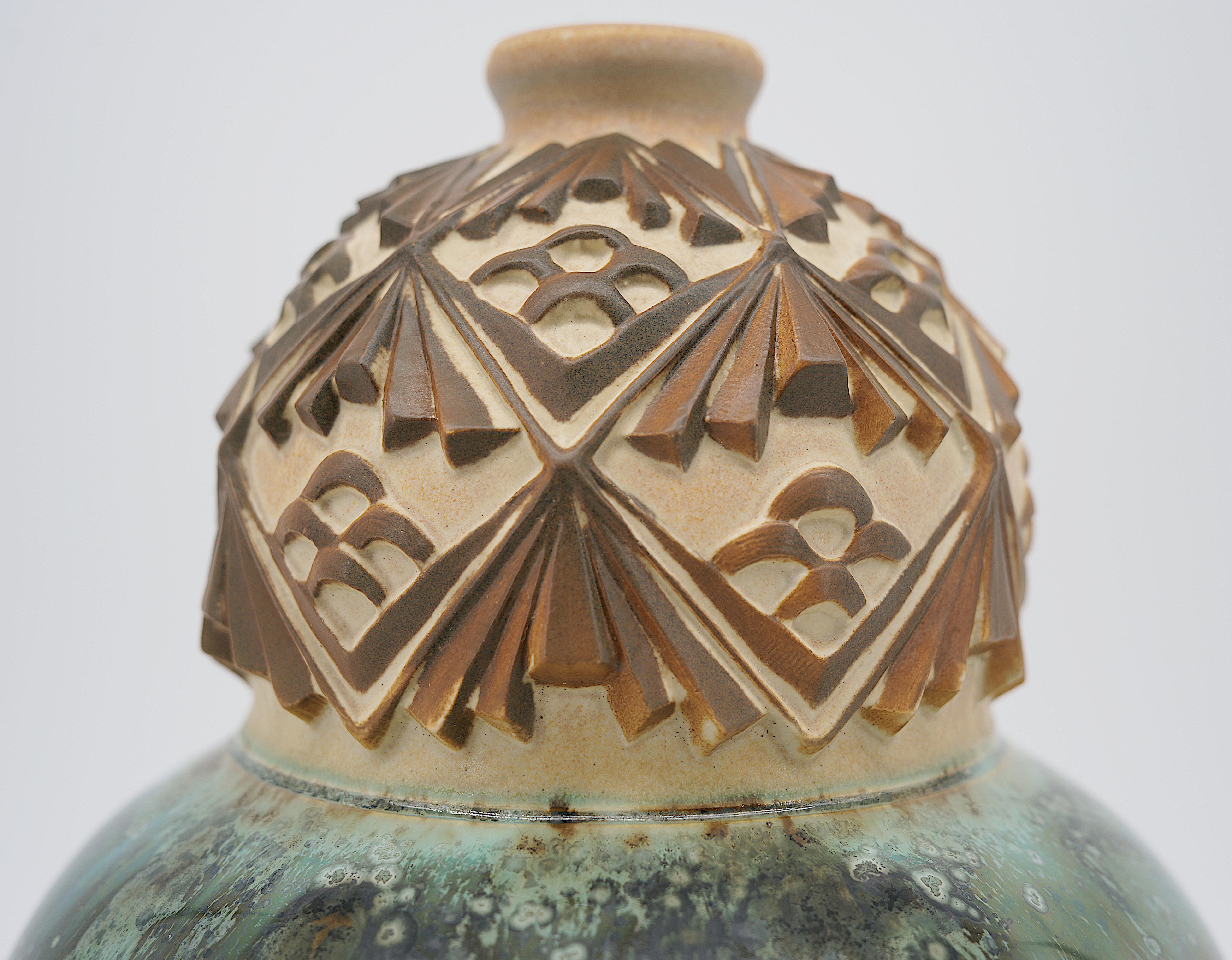 Mid-20th Century Joseph Mougin French Art Deco Stoneware Vase, Pinecones, Ca.1930 For Sale