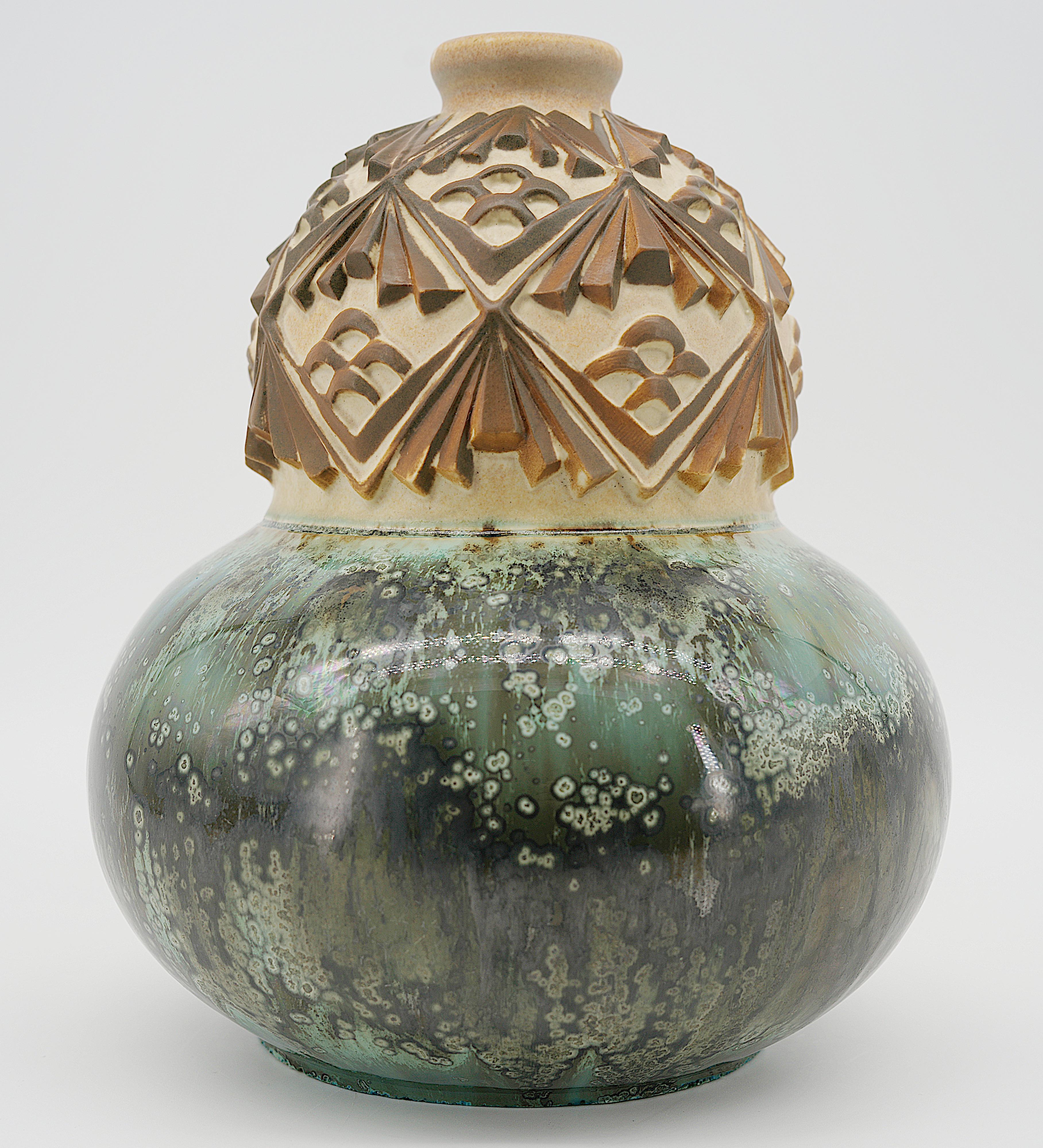Joseph Mougin French Art Deco Stoneware Vase, Pinecones, Ca.1930 For Sale 1