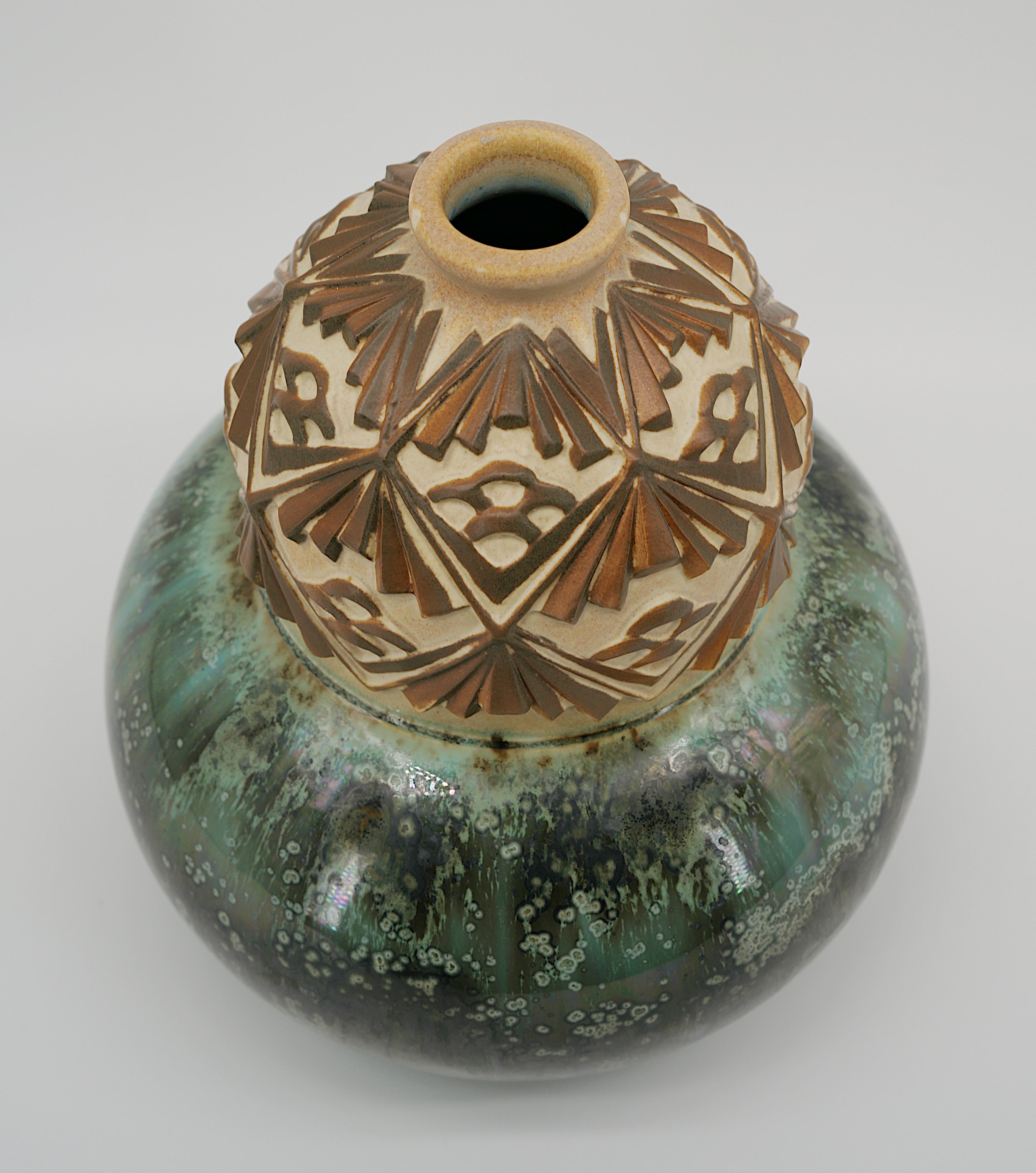 Joseph Mougin French Art Deco Stoneware Vase, Pinecones, Ca.1930 For Sale 2