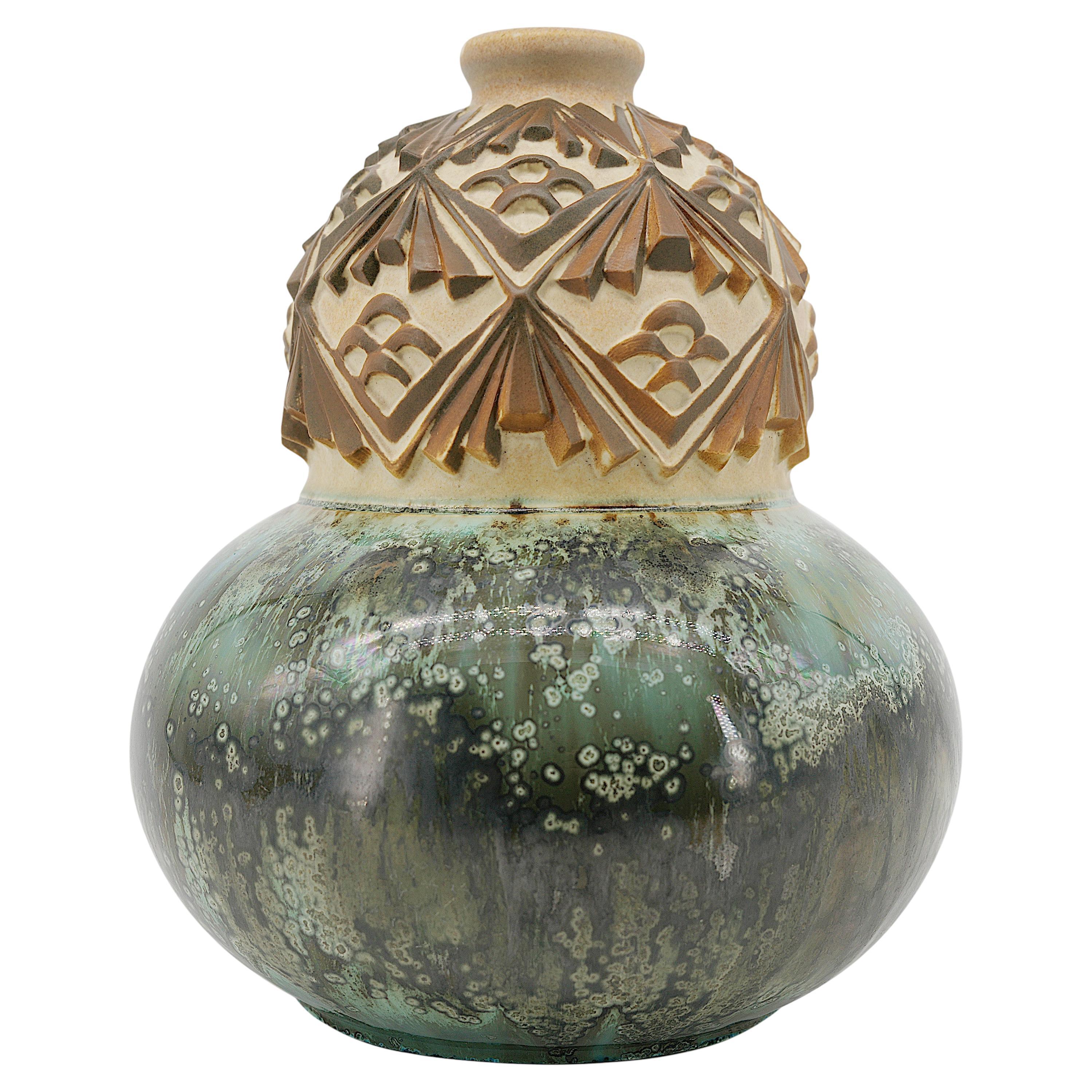 Joseph Mougin French Art Deco Stoneware Vase, Pinecones, Ca.1930 For Sale