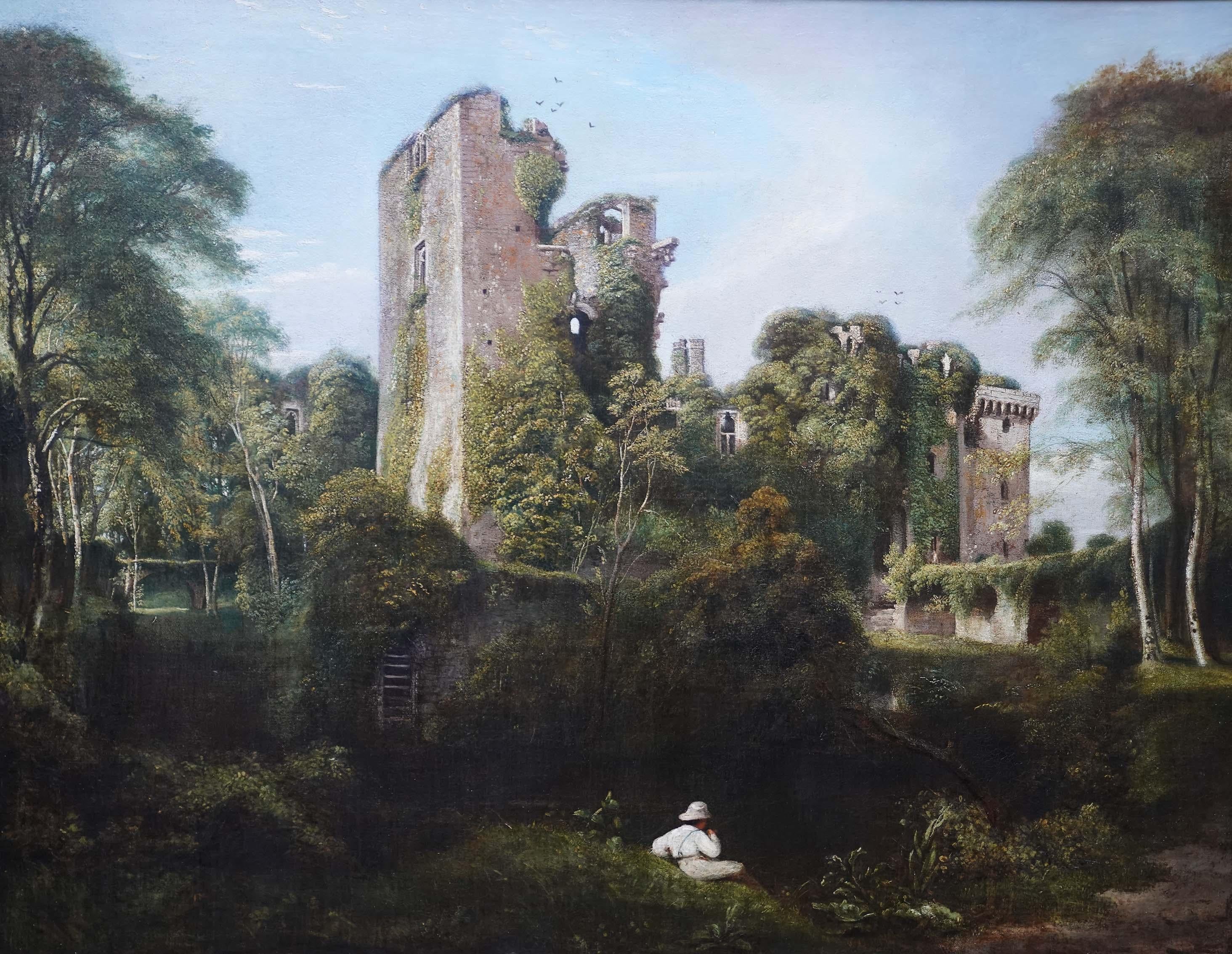 Castello di Raglan - Wales and Wales - pittura ad olio di paesaggio dell'arte britannica del XIX secolo in vendita 7