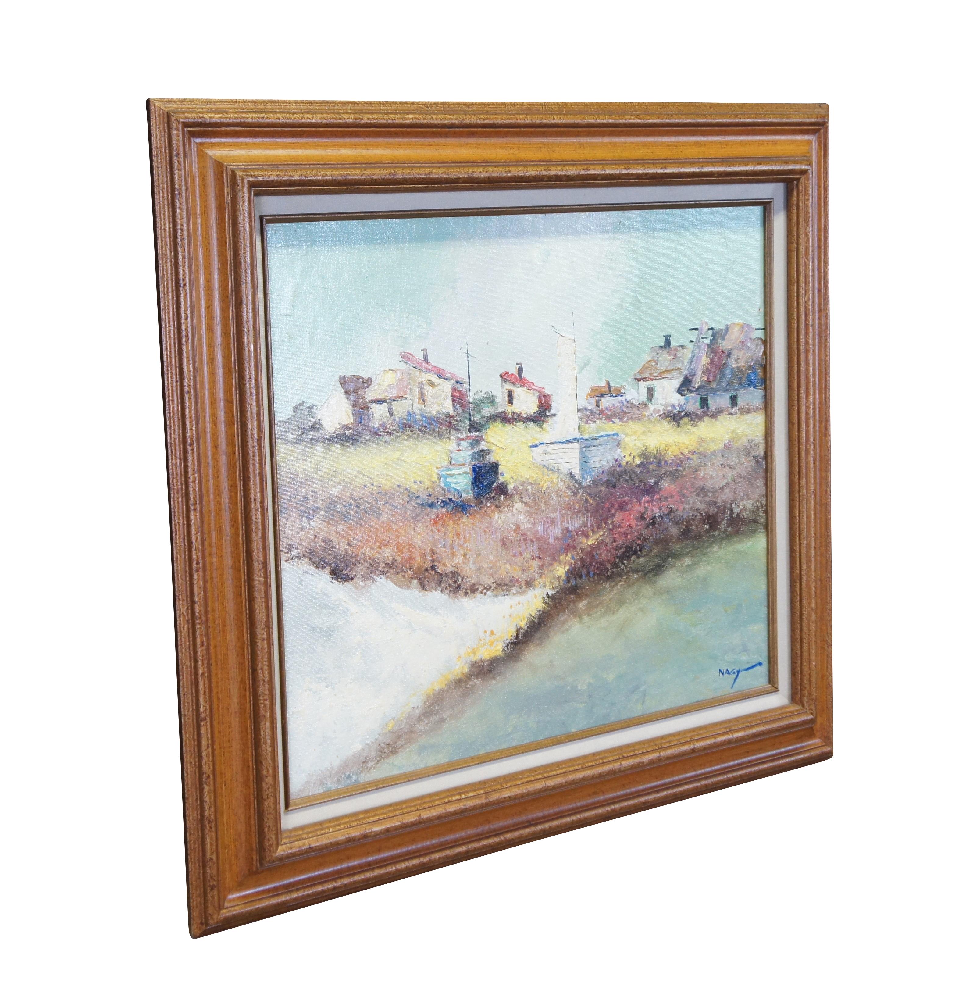 Vintage Impressionist oil painting on canvas by Joseph Nagy.  It features a landscape theme of houses overlooking two beached sailboats / boats and water.  Signed lower right.

Joseph Nagy 
European contemporary artist with an outstanding technique