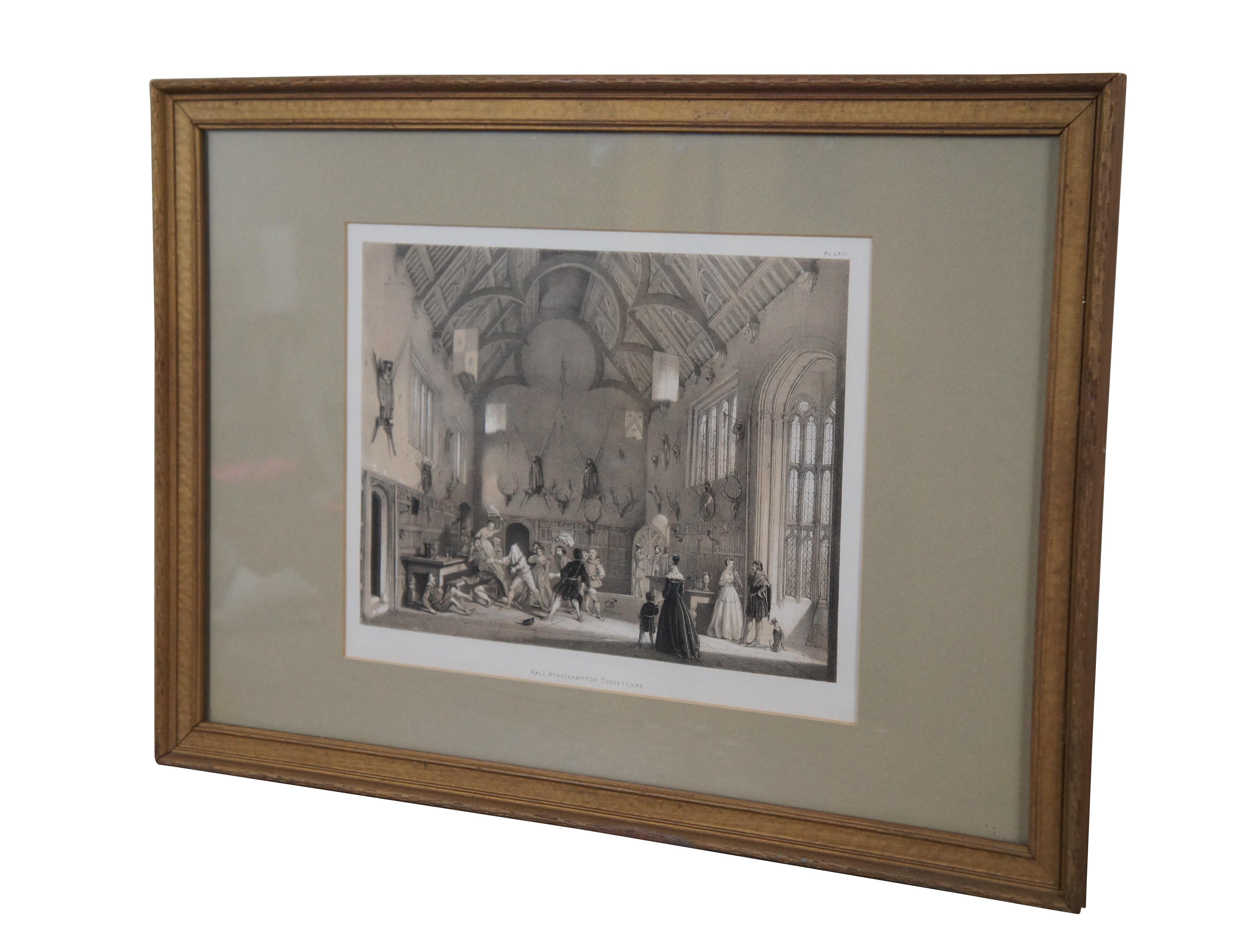 Antique lithograph print titled “Hall, Athelhampton, Dorsetshire” showing a game of blind man’s bluff being played in Athelhampton House, a Tudor manor in Dorset, England. This print originates from 'The Mansions of England in the Olden Time' by