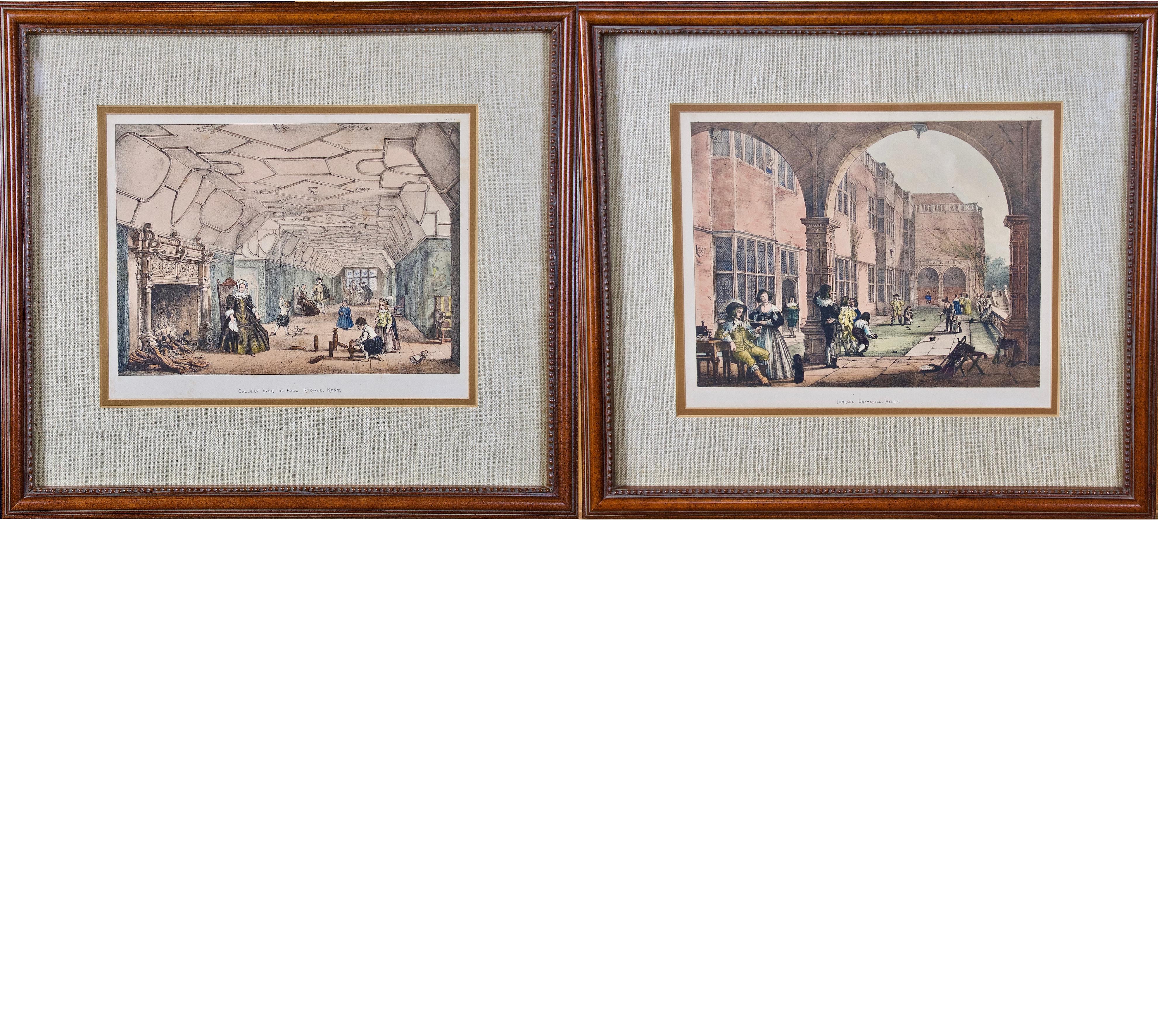 Paire de lithographies colorées encadrées du 19ème siècle représentant des scènes de Tudor par Joseph Nash
