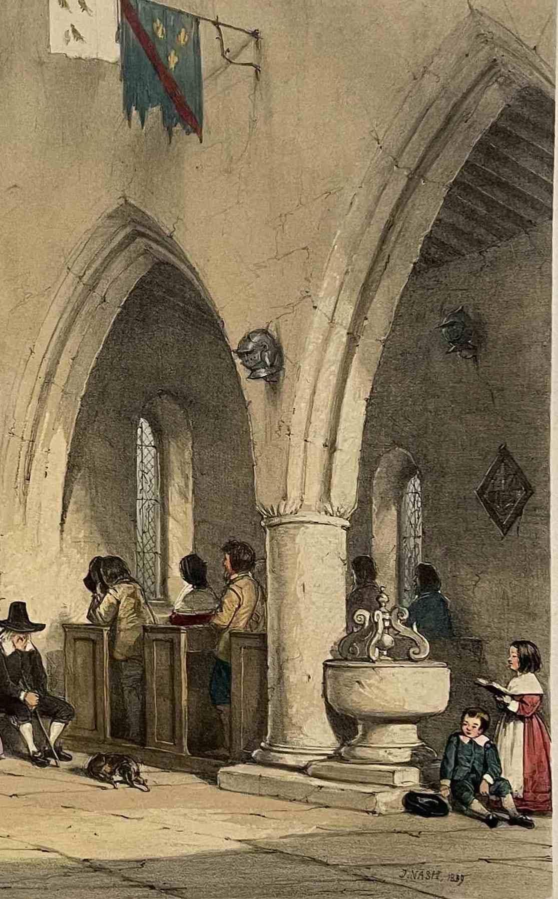 A hand-colored lithograph on paper by Joseph Nash of Chapel, Haddon Hall, Derbyshire, plate 25 in the disbound book “The Mansions of England in the Olden Time”, first series.  Printed by Charles Joseph Hullmandel (Pub. London: T. M'Lean, 1839). 