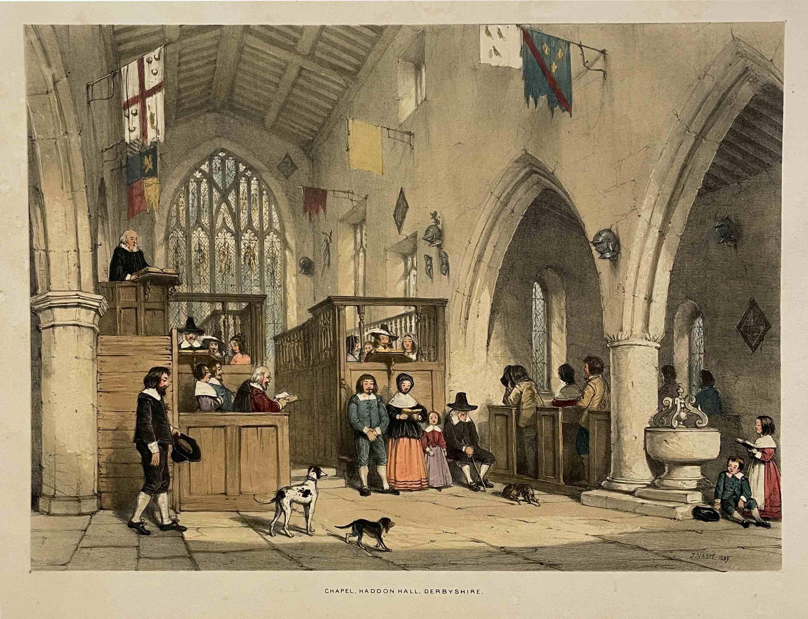 1939-1849 Litografía coloreada a mano de Joseph Nash Capilla, Haddon Hall, Derbyshire