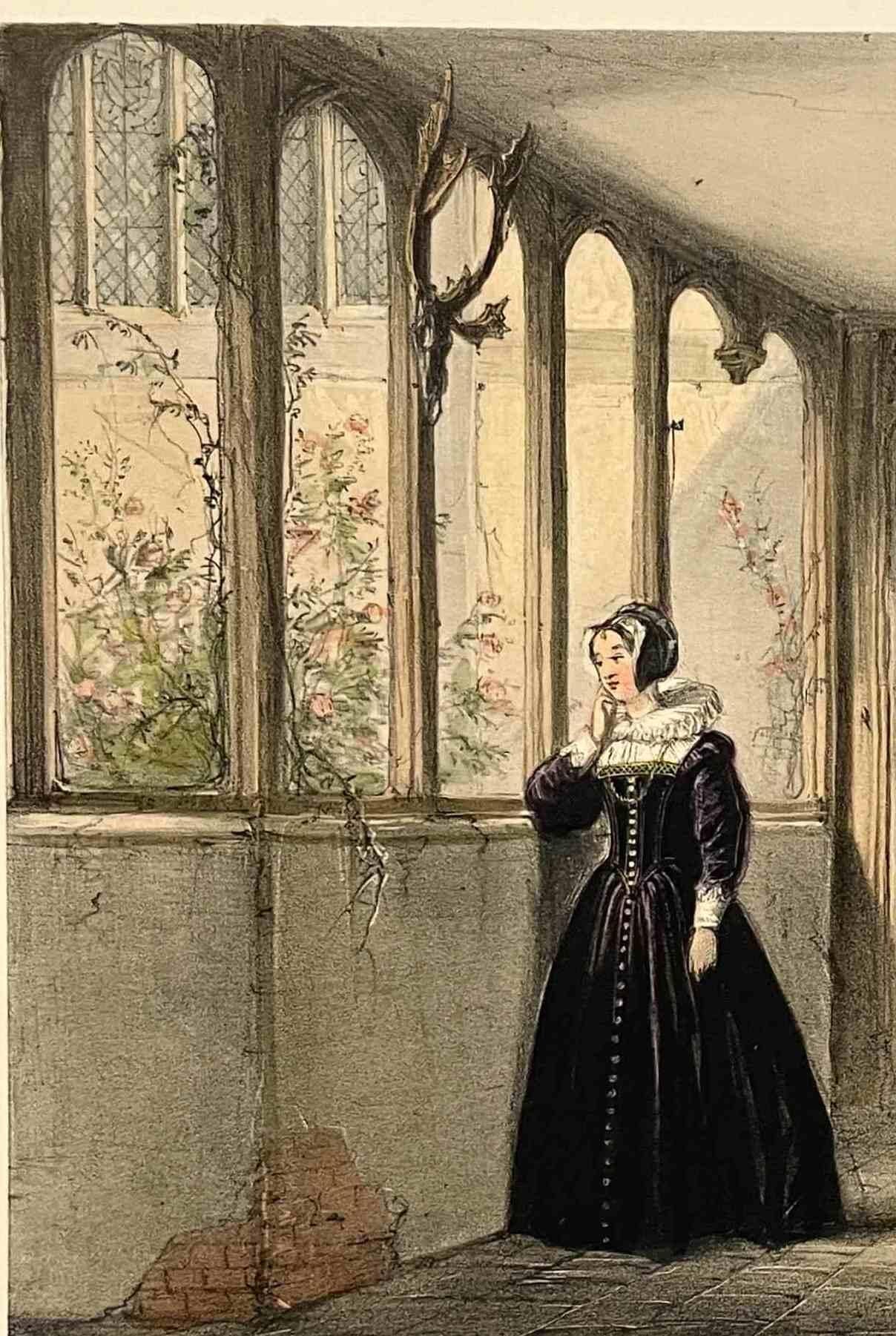 A Hand colored lithograph on paper of Porch and Corridor, Ockwells, Berks., plate from the disbound book “The Mansions of England in the Olden Time”, first series, printed by Charles Joseph Hullmandel (Pub. London: T. M'Lean, 1839).  Archivally