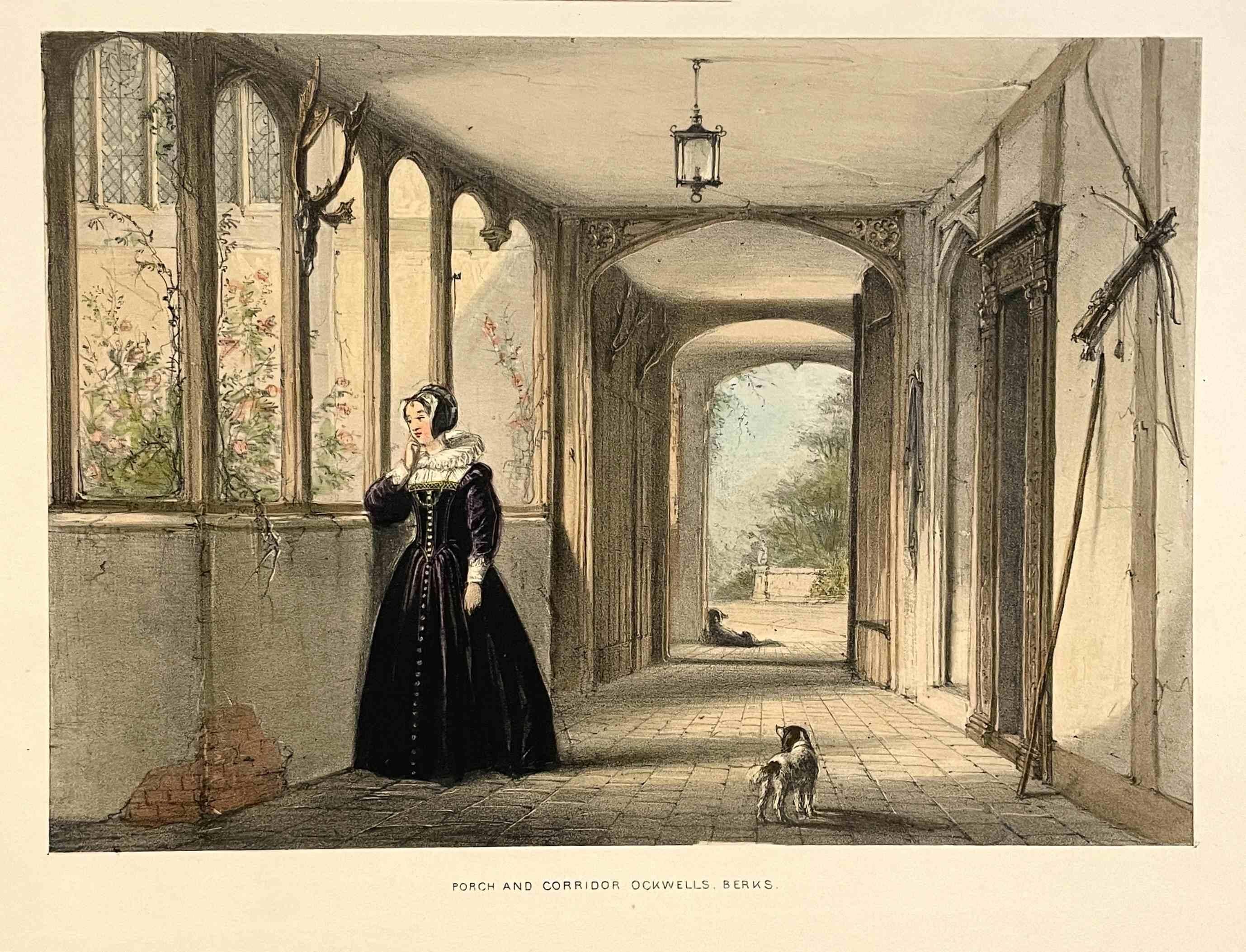 Joseph Nash, ca. 1839-49, handkolorierte Lithografie auf Papier von Porch and Corridor, Ockwells, Berks, aus dem ungebundenen Buch "The Mansions of England in the Olden Time", erste Serie, gedruckt von Charles Joseph Hullmandel (Pub. London: T.
