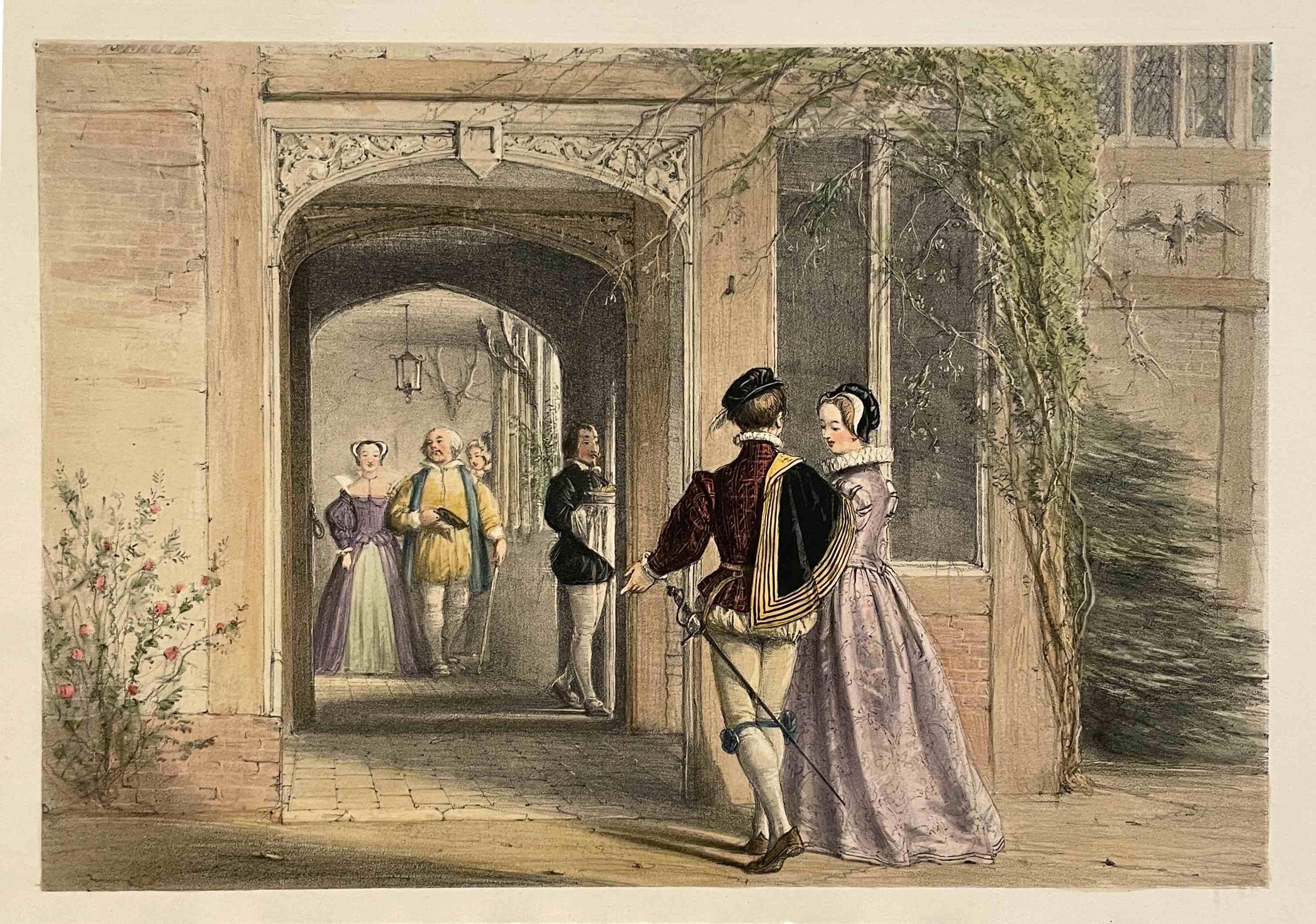 Una litografía coloreada a mano de Joseph Nash de hacia 1839-49 Porche y pasillo, Ockwells, Berks. de "Las mansiones de Inglaterra en la antigüedad".  Impreso por Charles Joseph Hullmandel (Pub. Londres: T. M'Lean, 1839).  Tamaño de la obra:  11" x