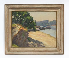 Antique Impressionist New England Harbor Original Signed Sailboat Oil Painting