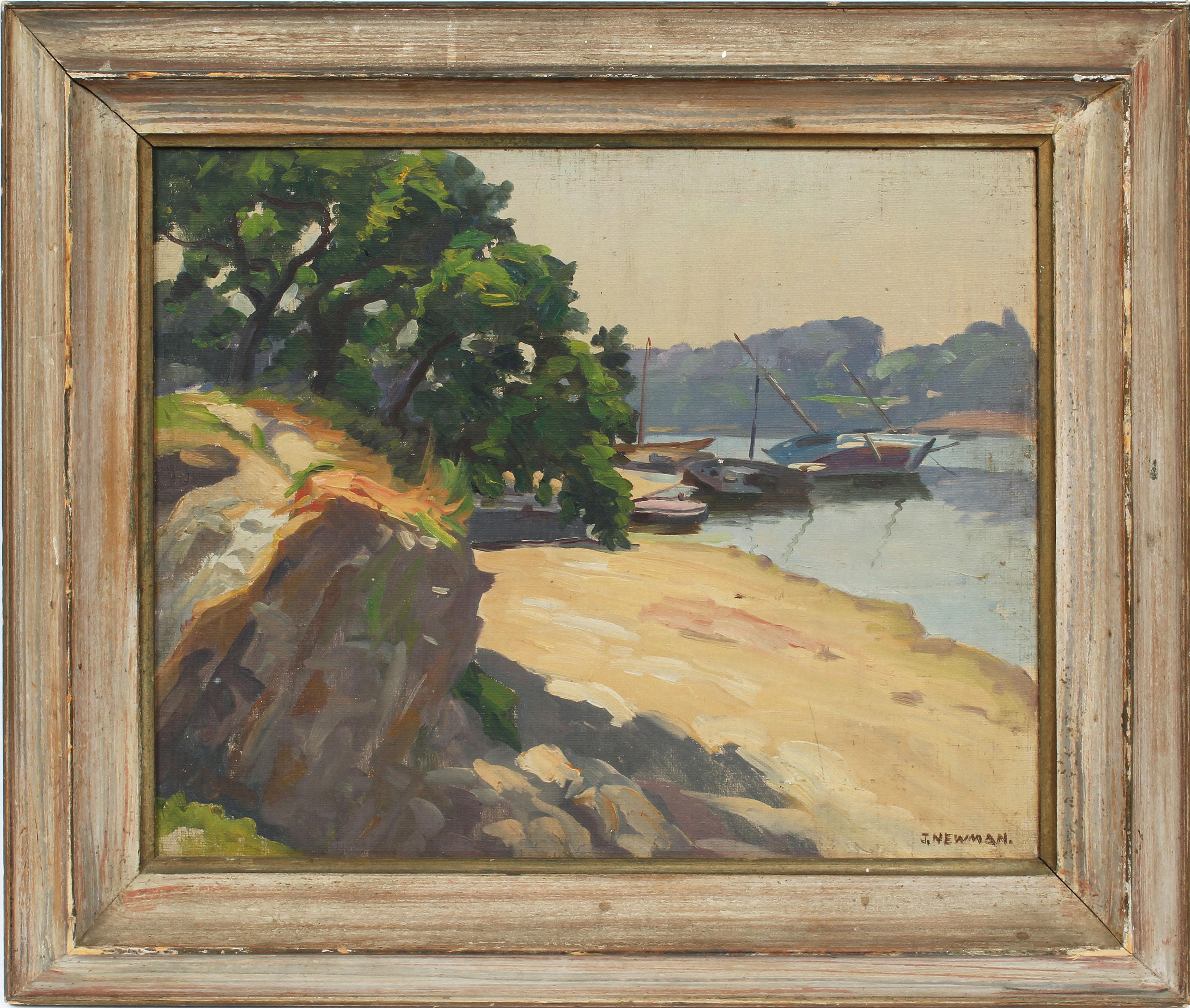 Joseph Newman Landscape Painting - Antique Impressionist New England Harbor Original Signed Sailboat Oil Painting