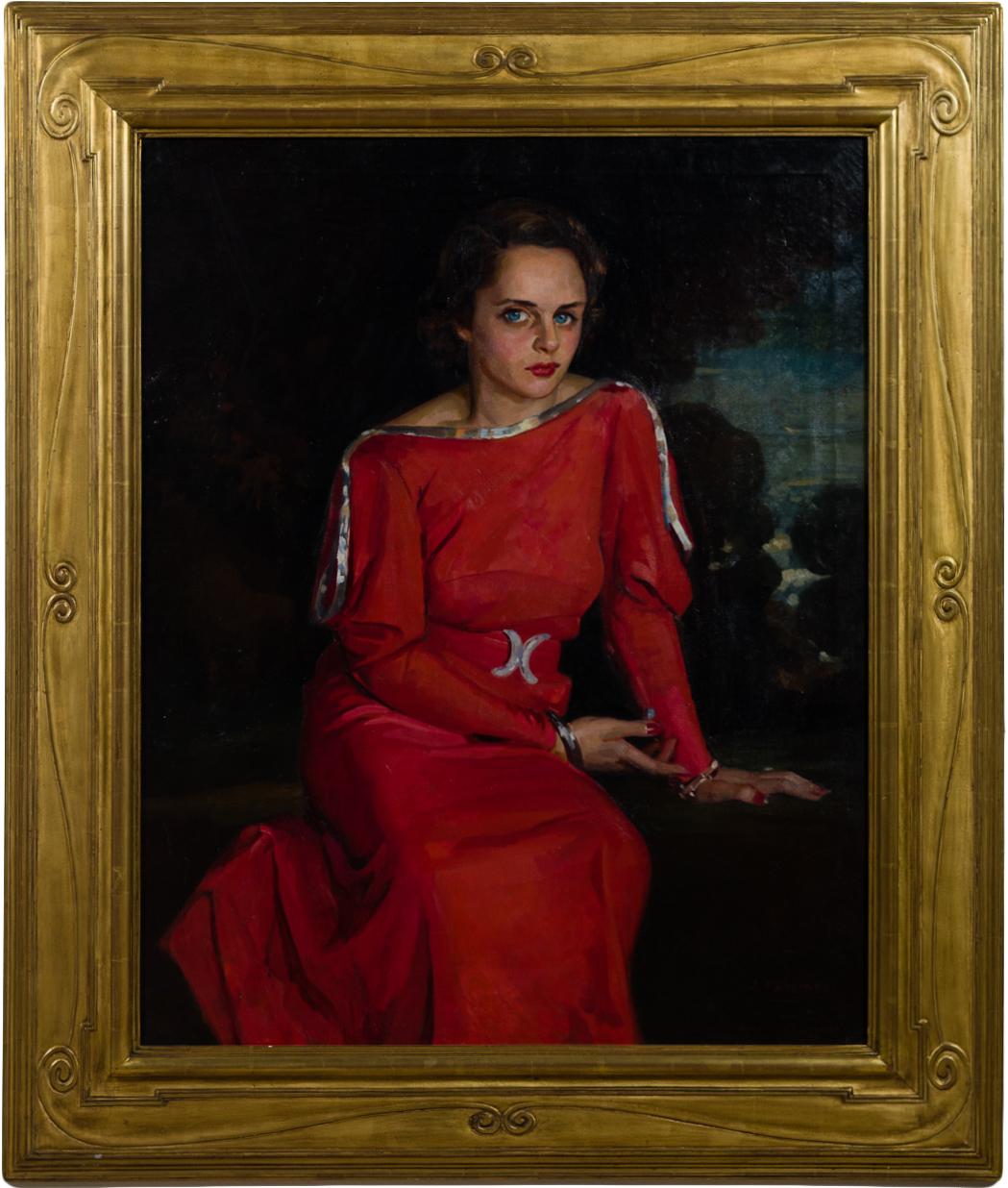 Portrait Painting Joseph Newman - « La robe rouge »