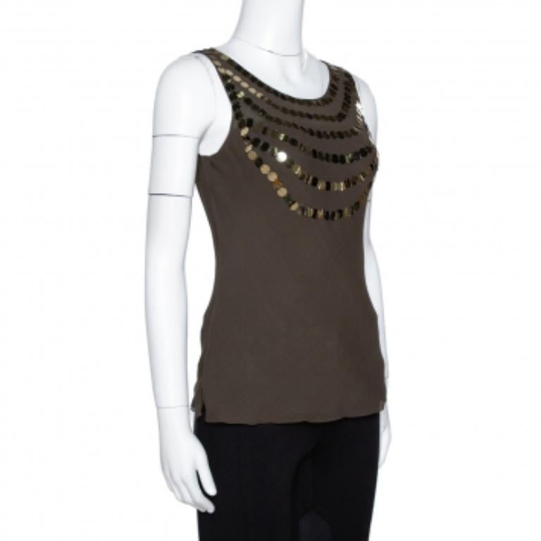 Black Joseph Olive Green Silk Sequin Embellished Sleeveless Top S For Sale