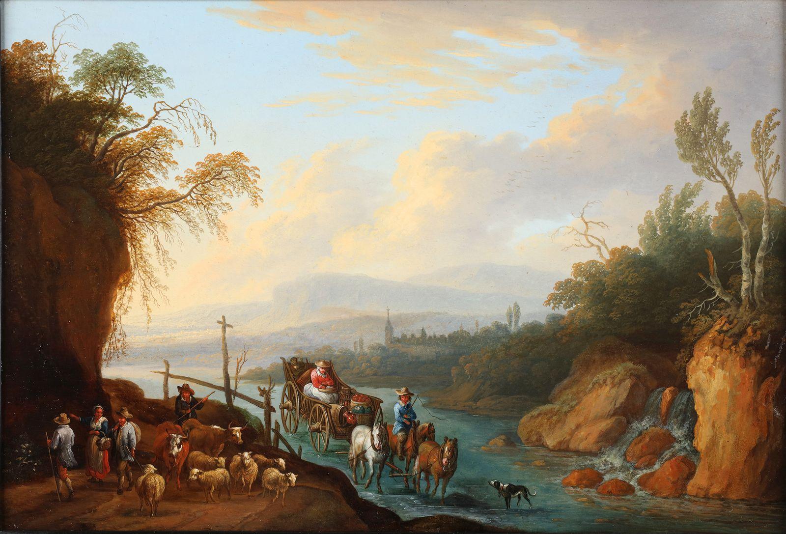 Two Sunny animated landscapes with travellers with a river view, a town beyond  - Old Masters Painting by Joseph Orient