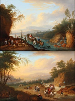 Deux paysages animés ensoleillés avec des voyageurs avec vue sur une rivière, une ville au-delà. 