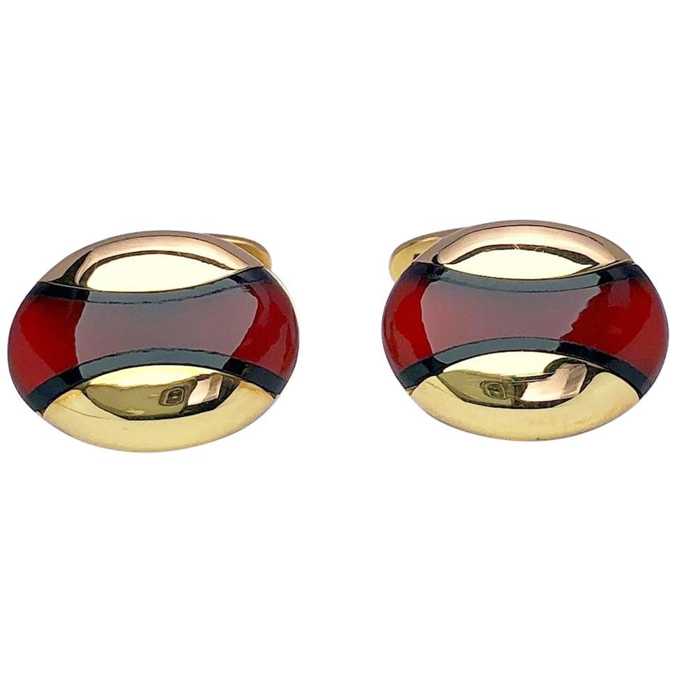 Joseph Orlando Boutons de manchette ovales en or jaune 18 carats avec onyx noir et cornaline